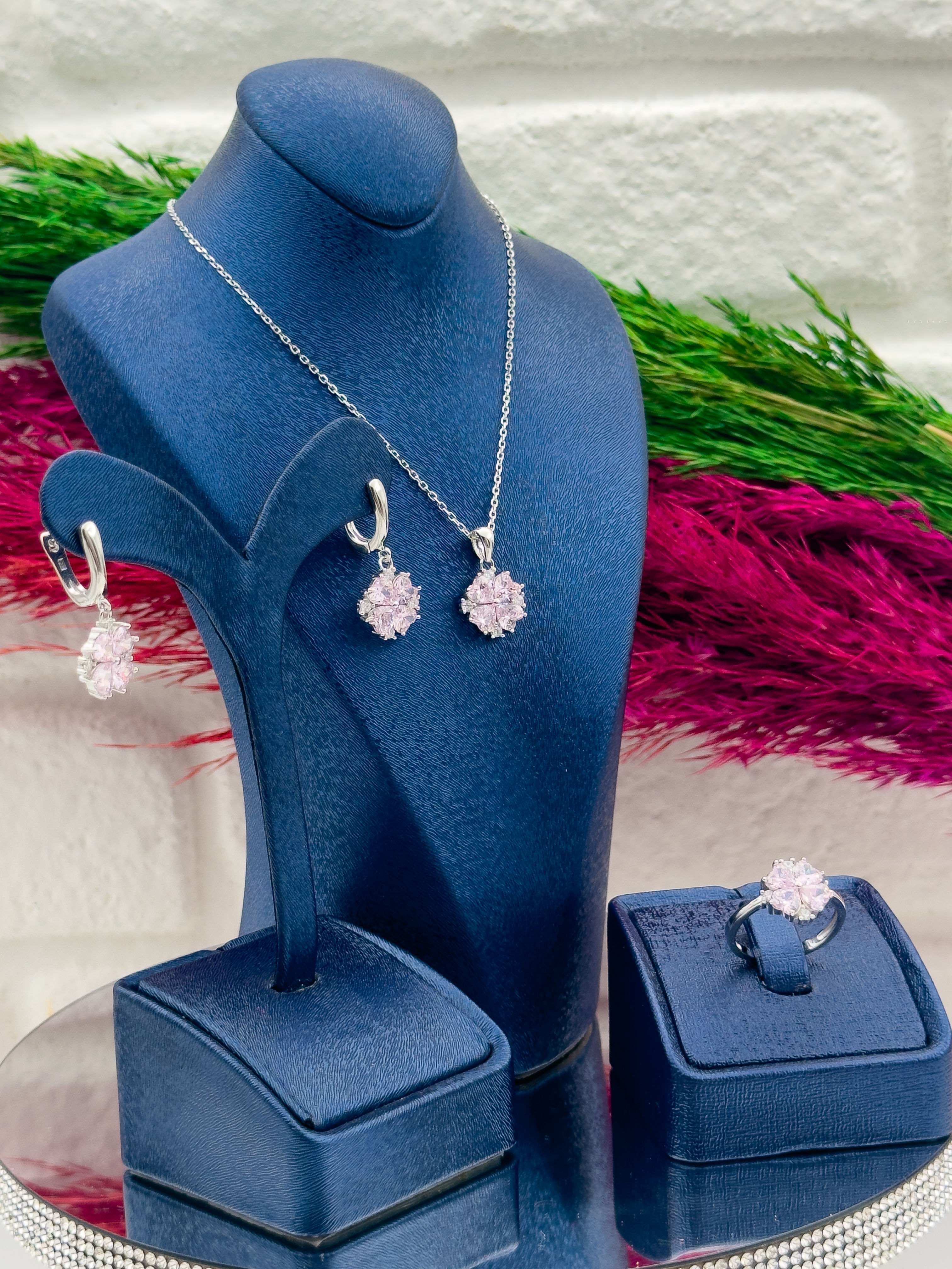 925 Ayar Gümüş Pembe Kuvars Taşlı Özel Tasarım 3’lü Zarif Kadın Takı Seti