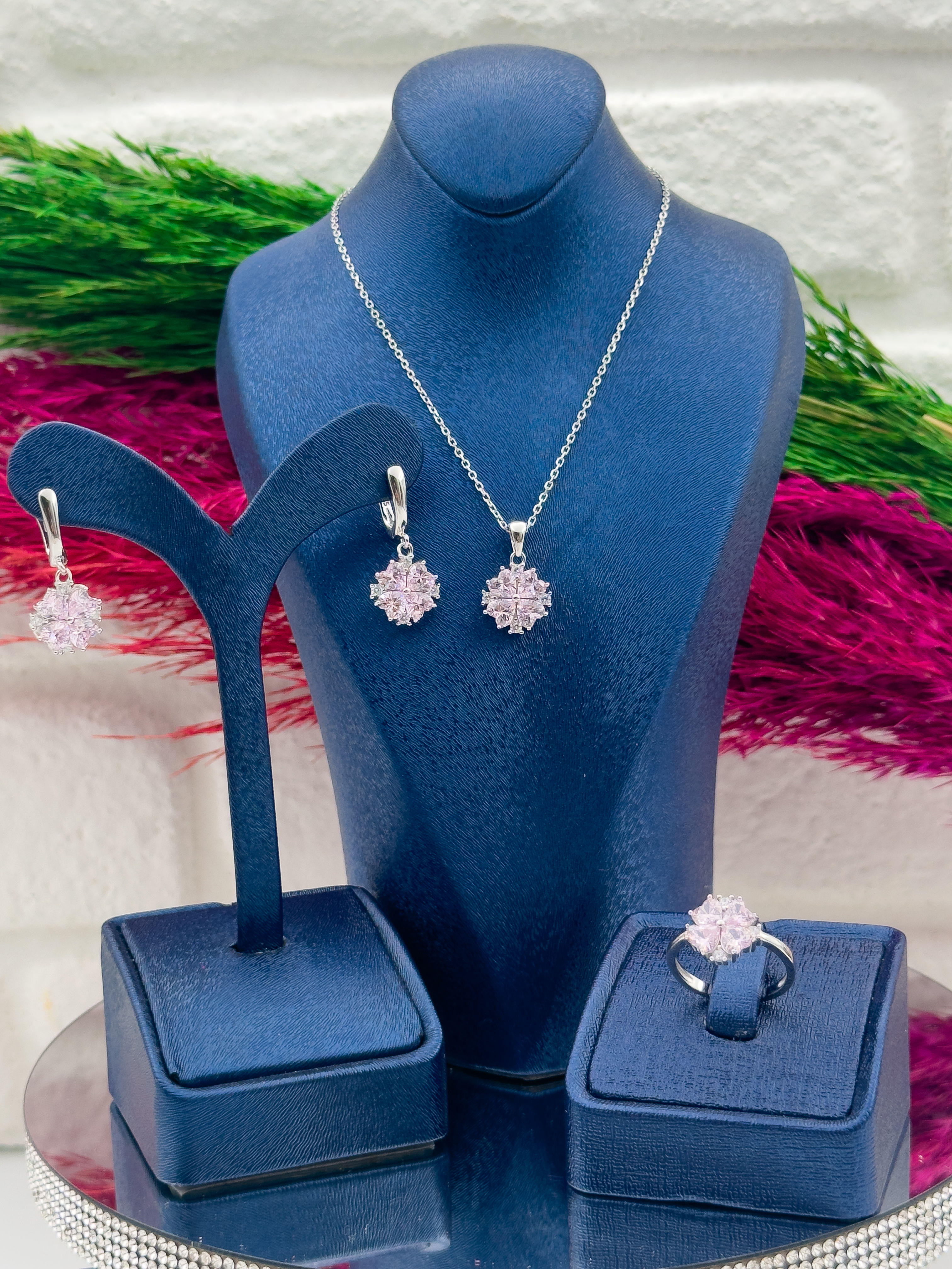 925 Ayar Gümüş Pembe Kuvars Taşlı Özel Tasarım 3’lü Zarif Kadın Takı Seti