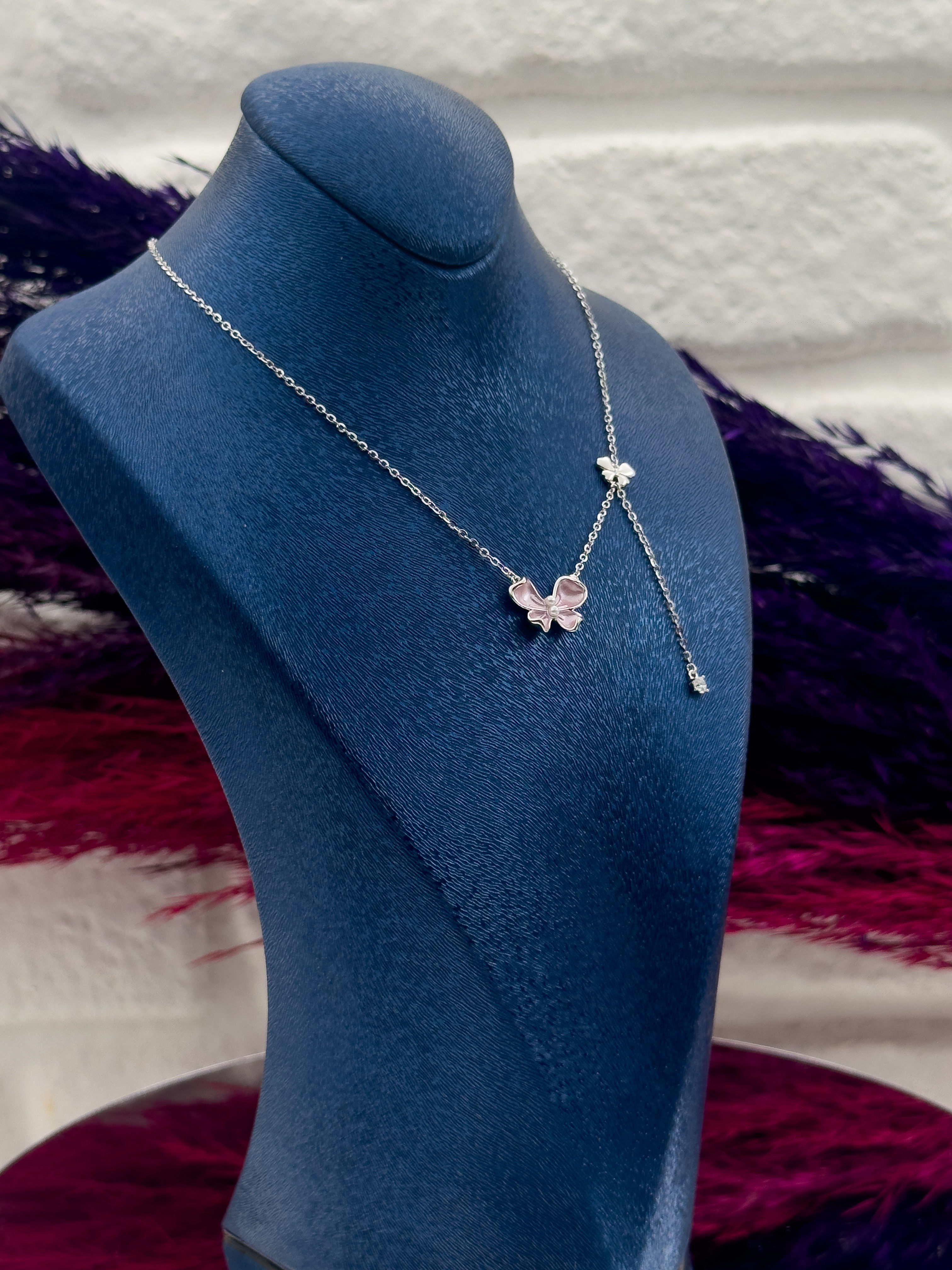 925 Ayar Gümüş Pembe Mineli Özel Tasarım Zarif Kadın Kolye