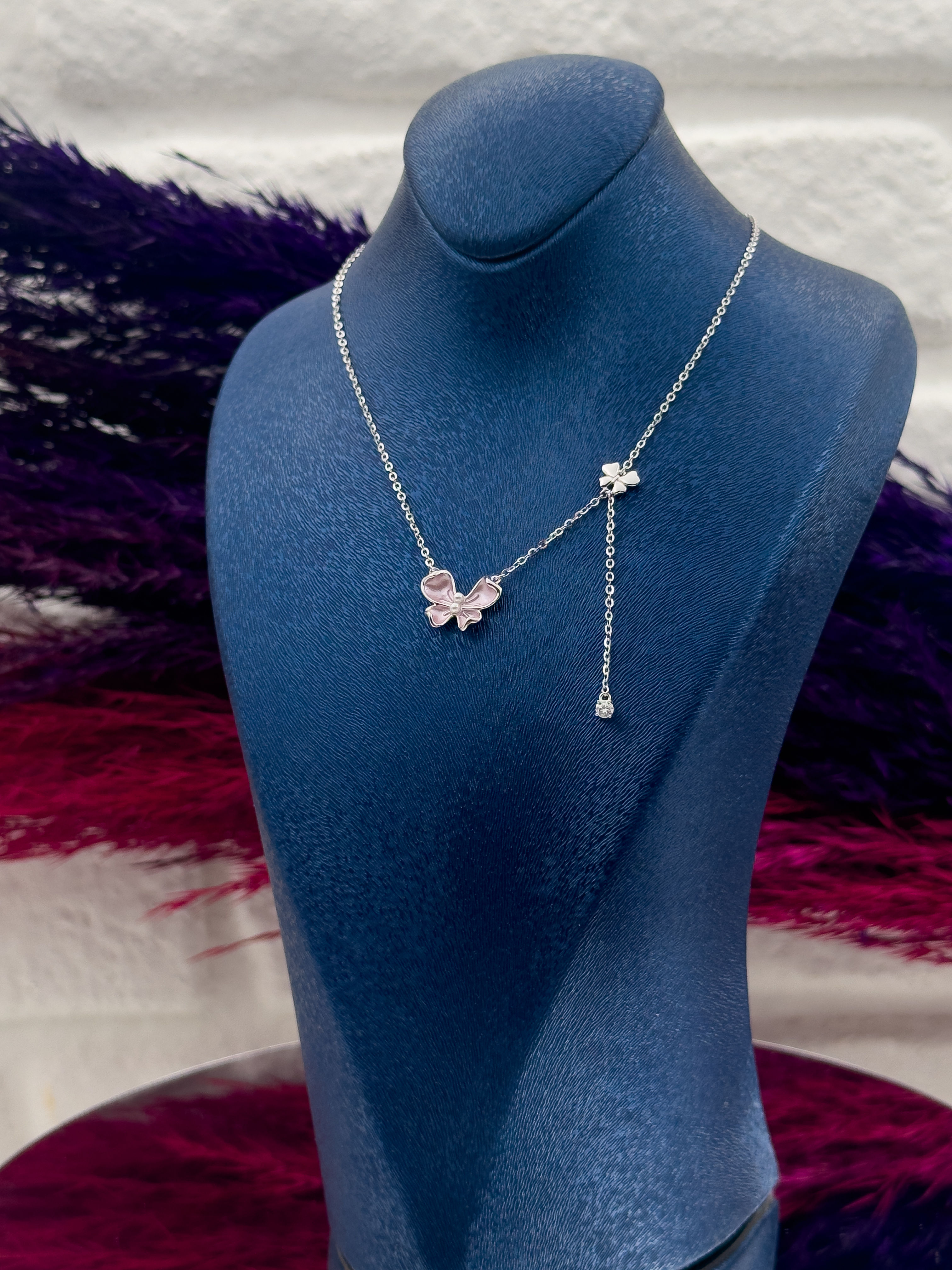 925 Ayar Gümüş Pembe Mineli Özel Tasarım Zarif Kadın Kolye