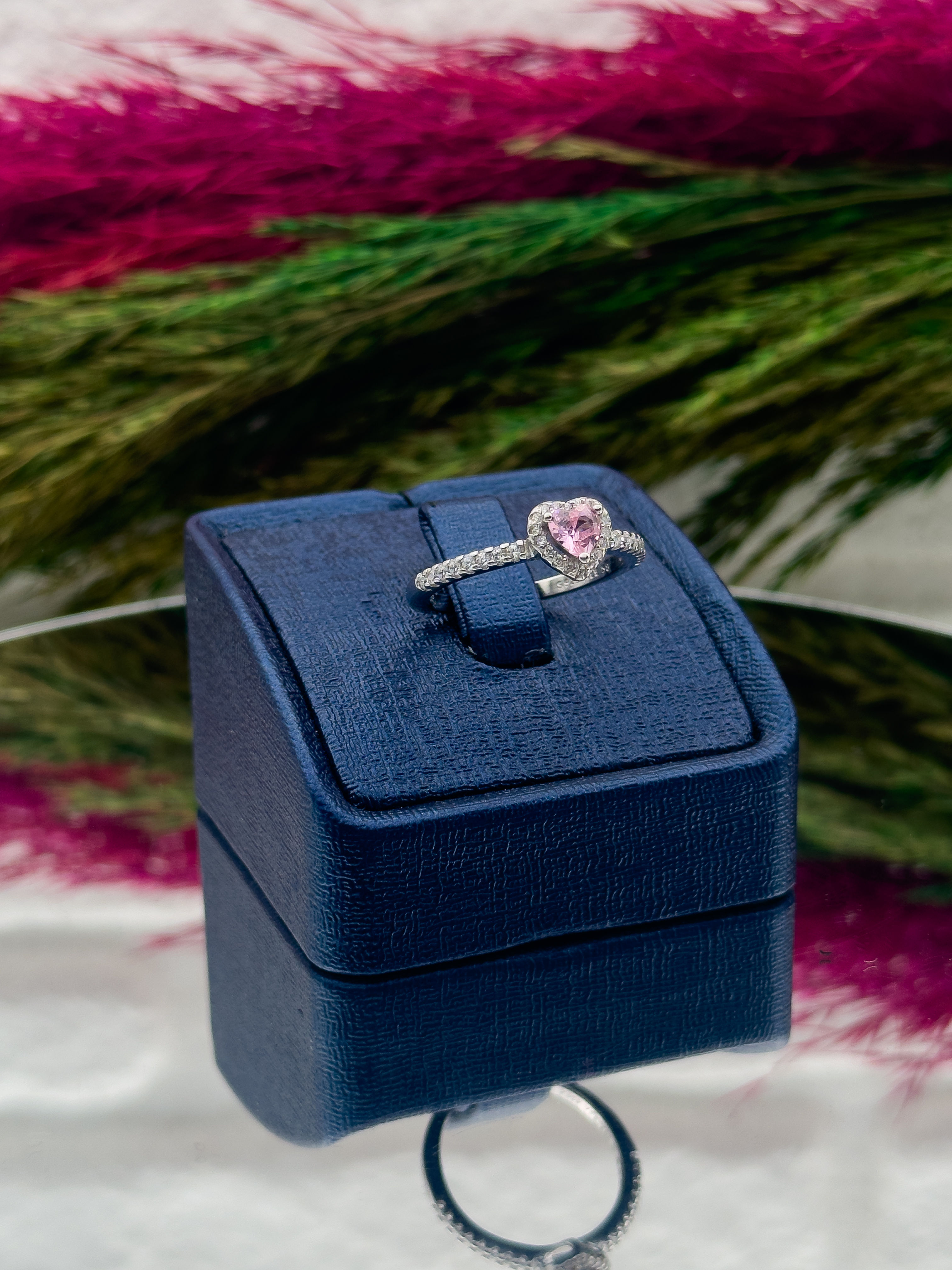 925 Ayar Gümüş Pembe Kuvars Taşlı Kalpli Popüler Kadın Yüzük