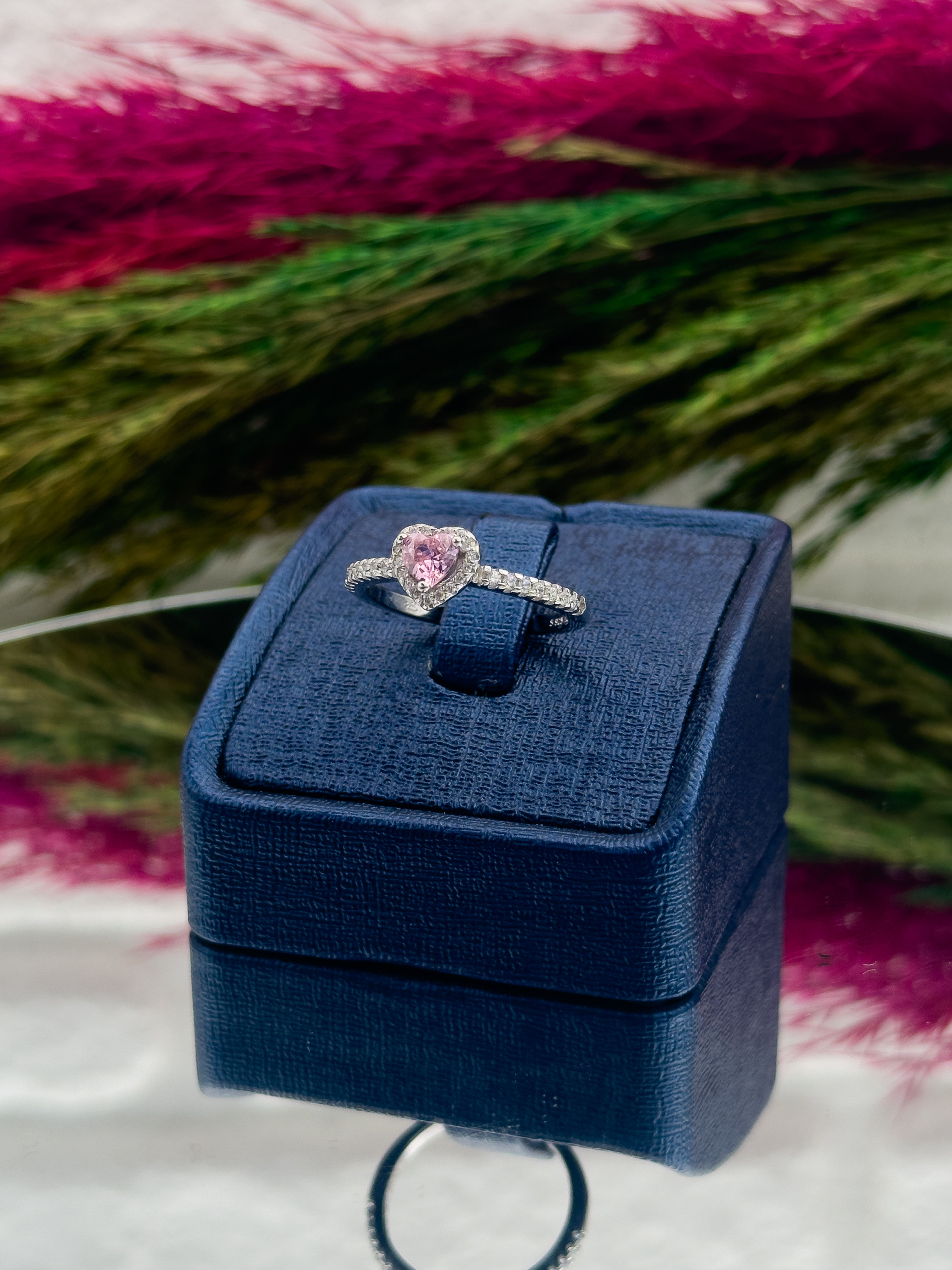 925 Ayar Gümüş Pembe Kuvars Taşlı Kalpli Popüler Kadın Yüzük