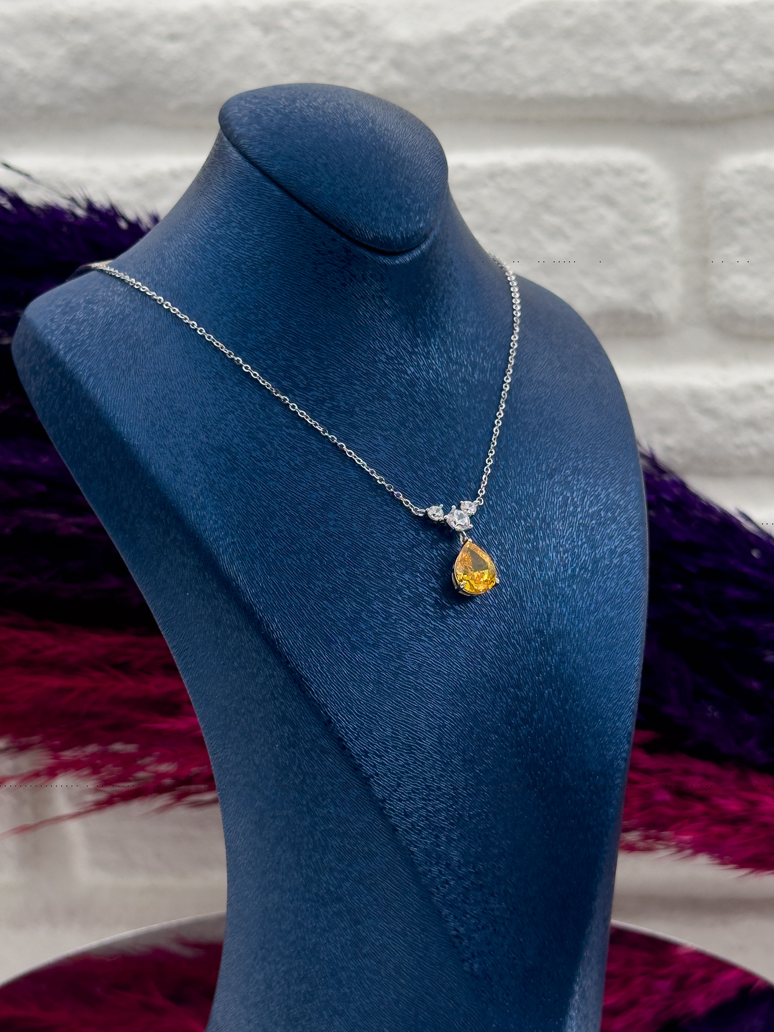 925 Ayar Gümüş Damla Sitrin Taşlı Popüler Kadın Kolye