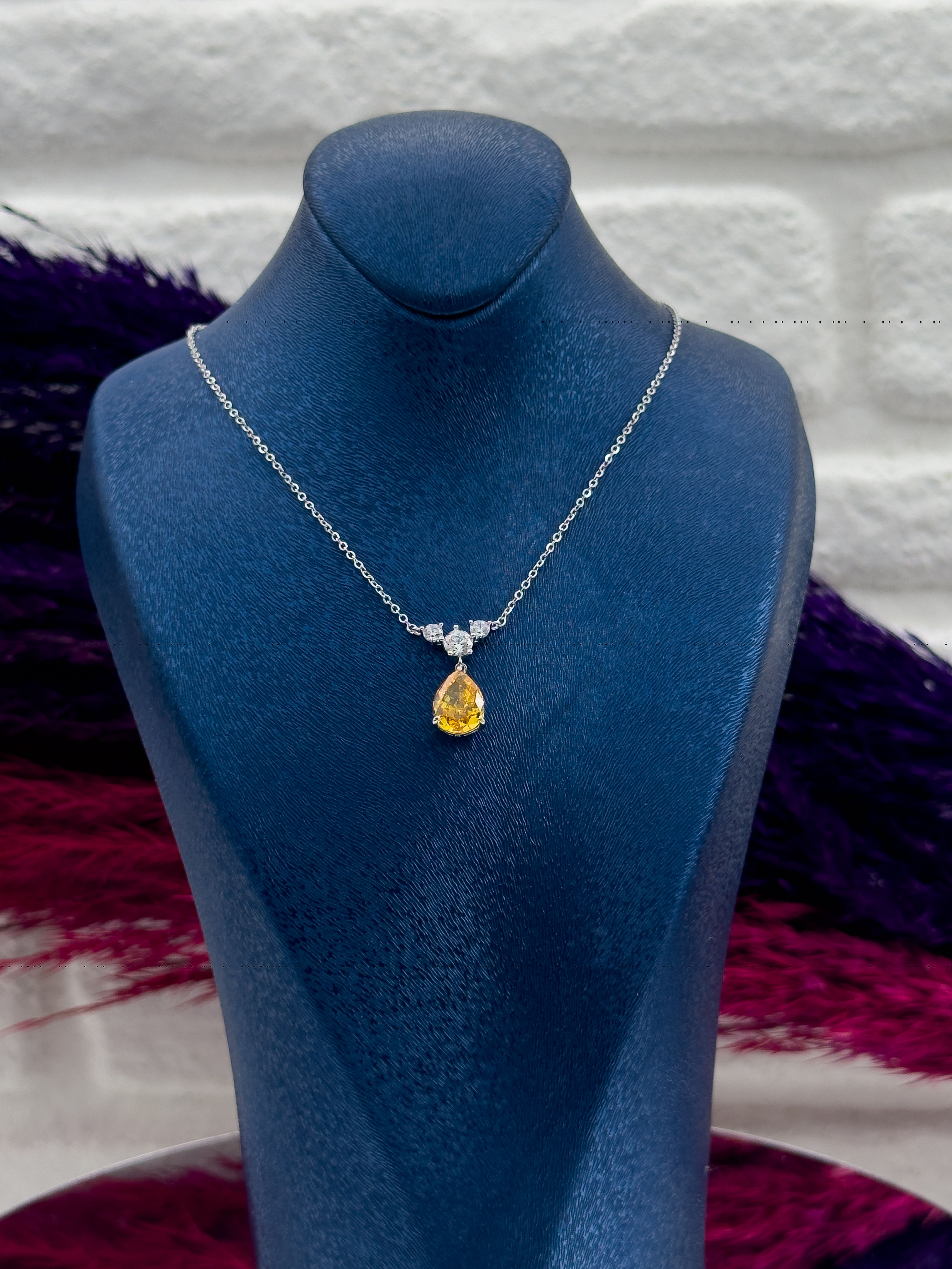 925 Ayar Gümüş Damla Sitrin Taşlı Popüler Kadın Kolye