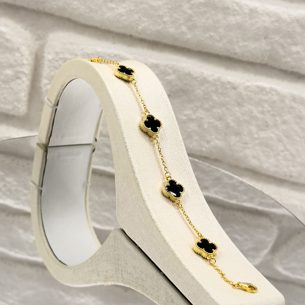 Gold Renk Onix Taşlı Yonca Gümüş Bileklik