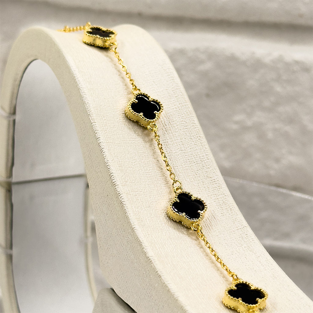 Gold Renk Onix Taşlı Yonca Gümüş Bileklik
