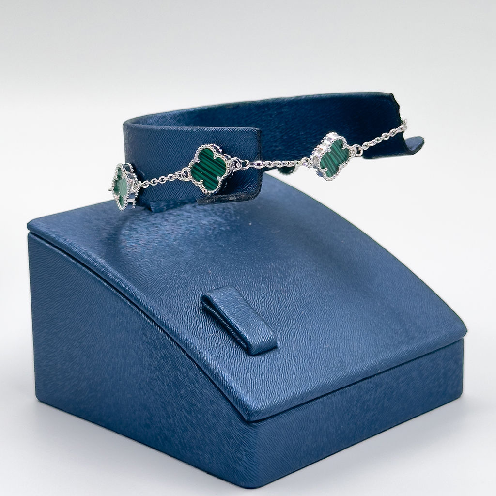 925 Ayar Gümüş 5’li Malakit Taşlı Yonca Modeli Zarif Kadın Bileklik