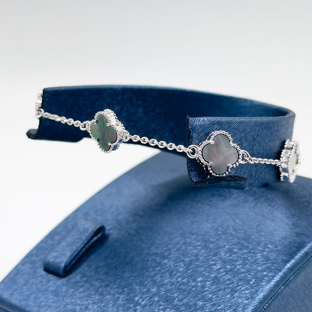 Doğal Taşlı Yonca Gümüş Bileklik
