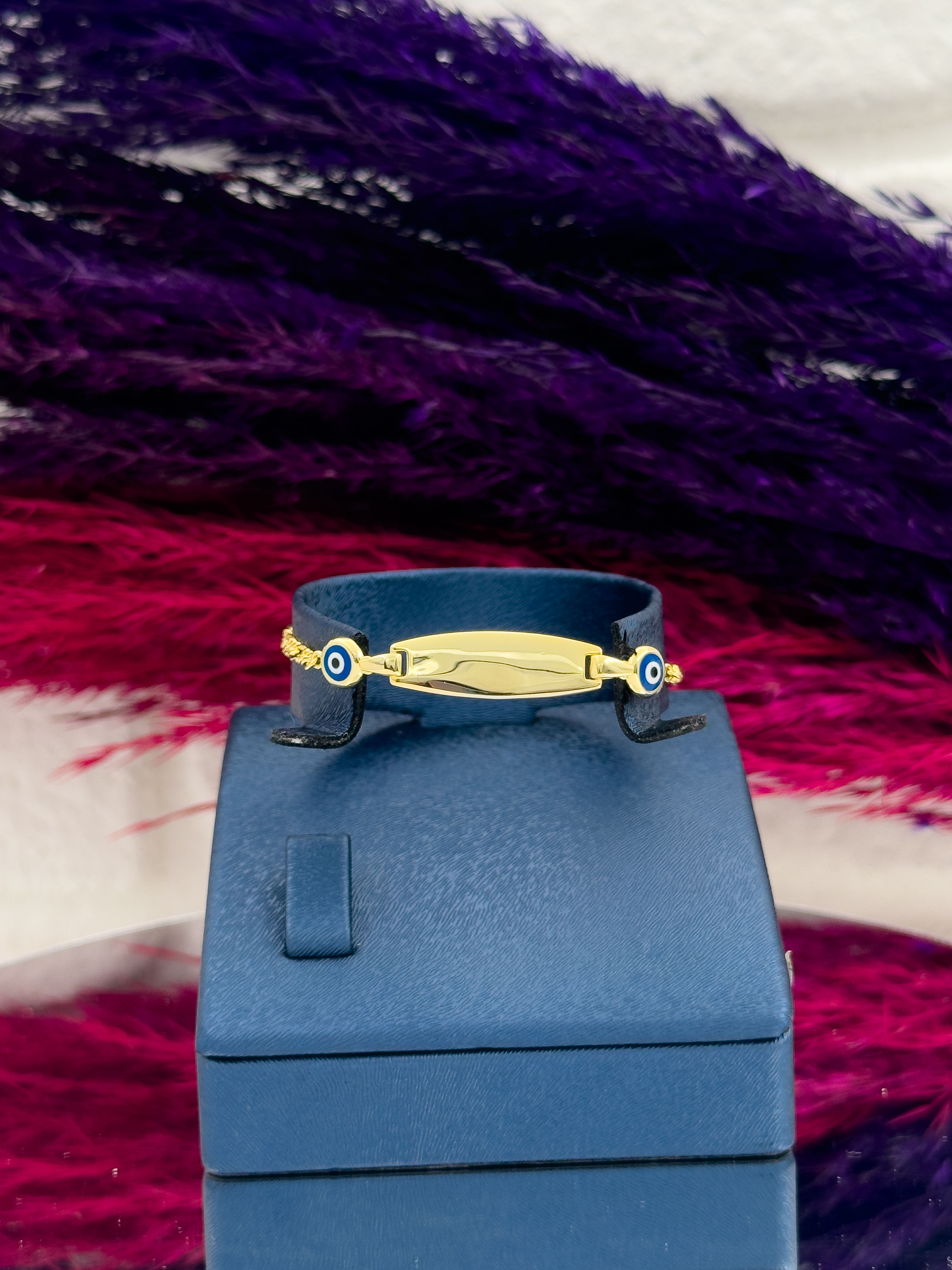 925 Ayar Gümüş Gold Renk Nazar Boncuklu İsim Yazılabilir Kız & Erkek Bebek Künye