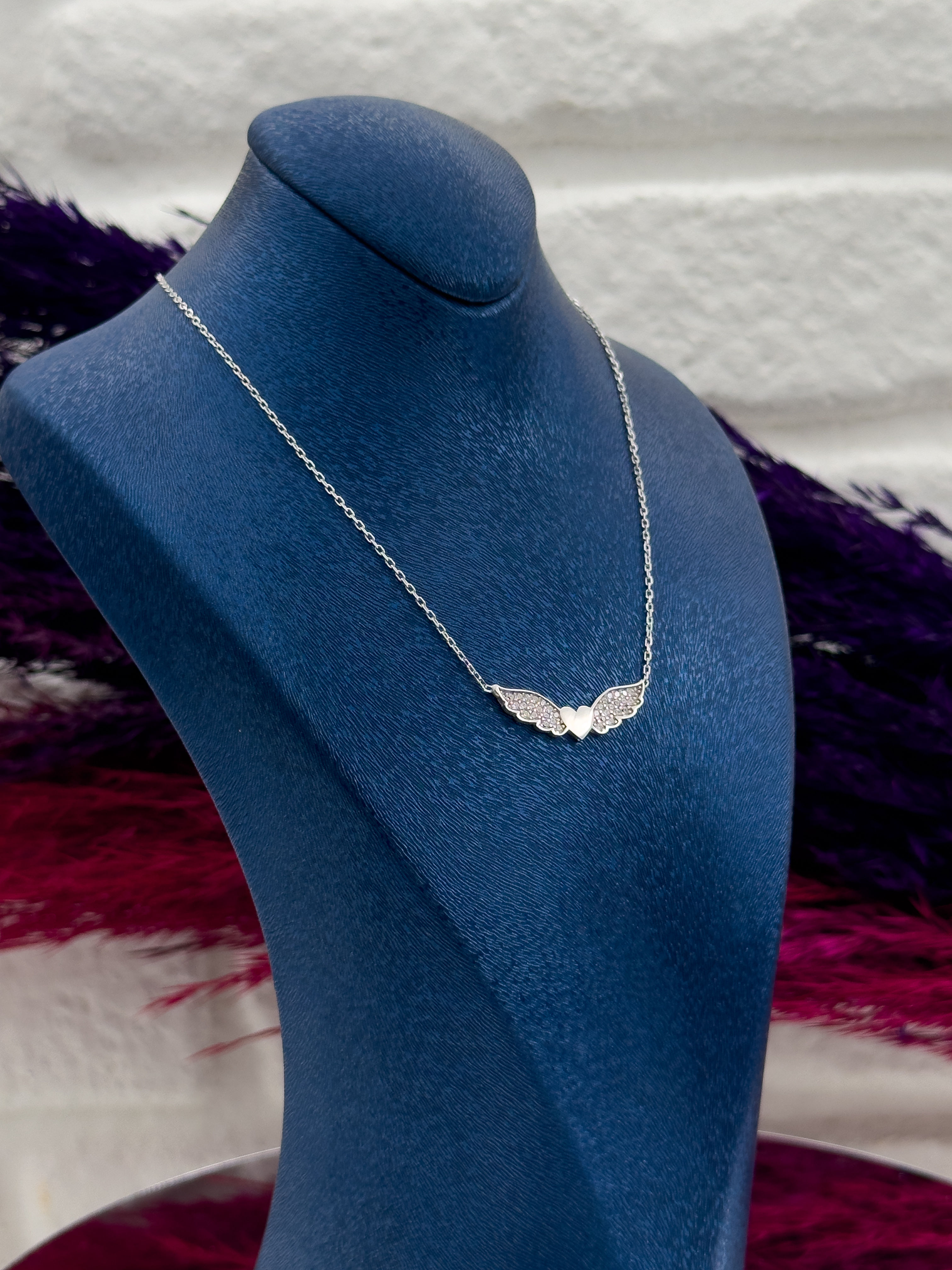 925 Ayar Gümüş Kalpli Melek Kanadı Aşk Modeli Popüler Kadın Kolye