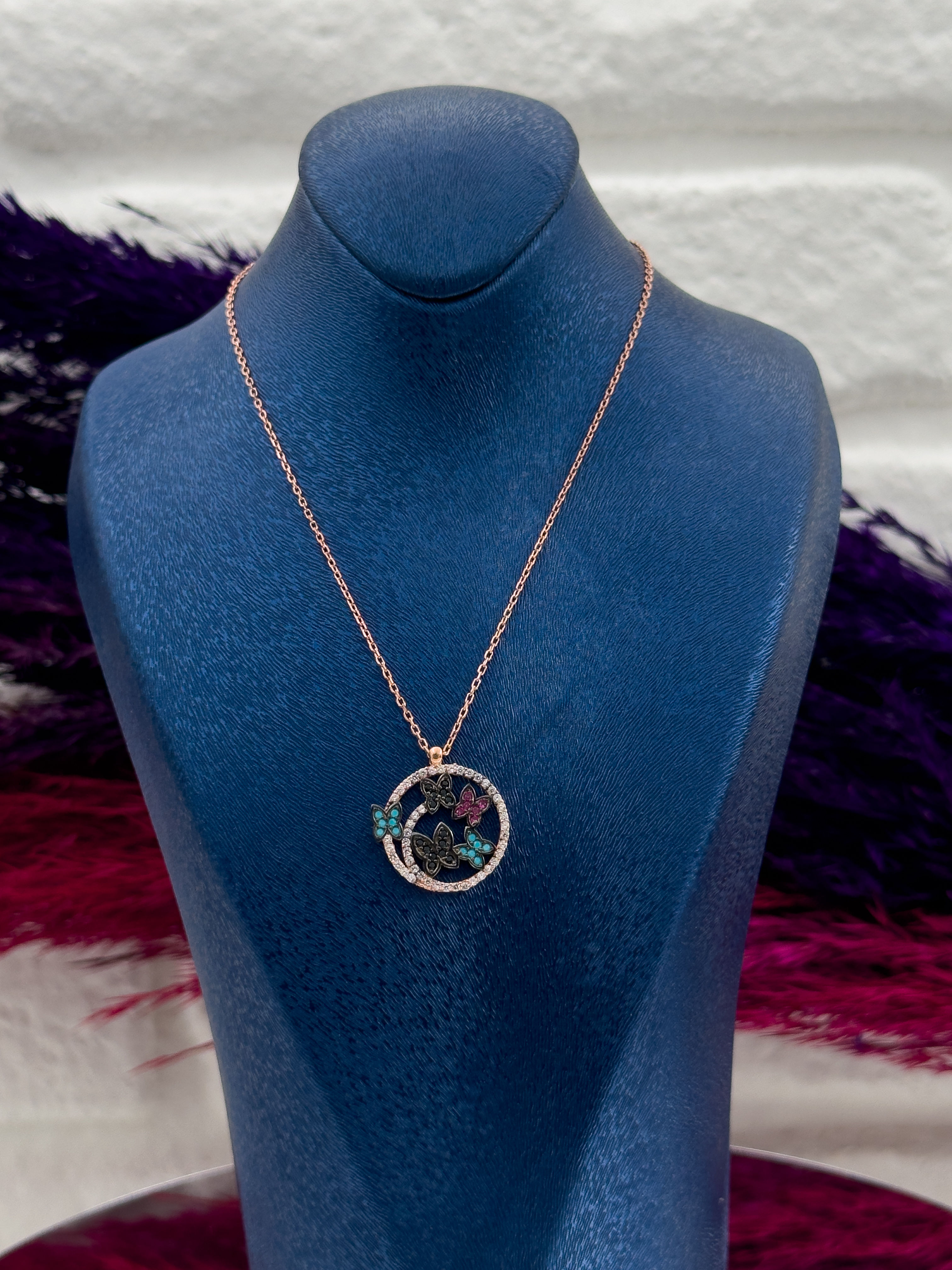 925 Ayar Gümüş Mix Taşlı Kelebek Modeli Zarif Kadın Kolye