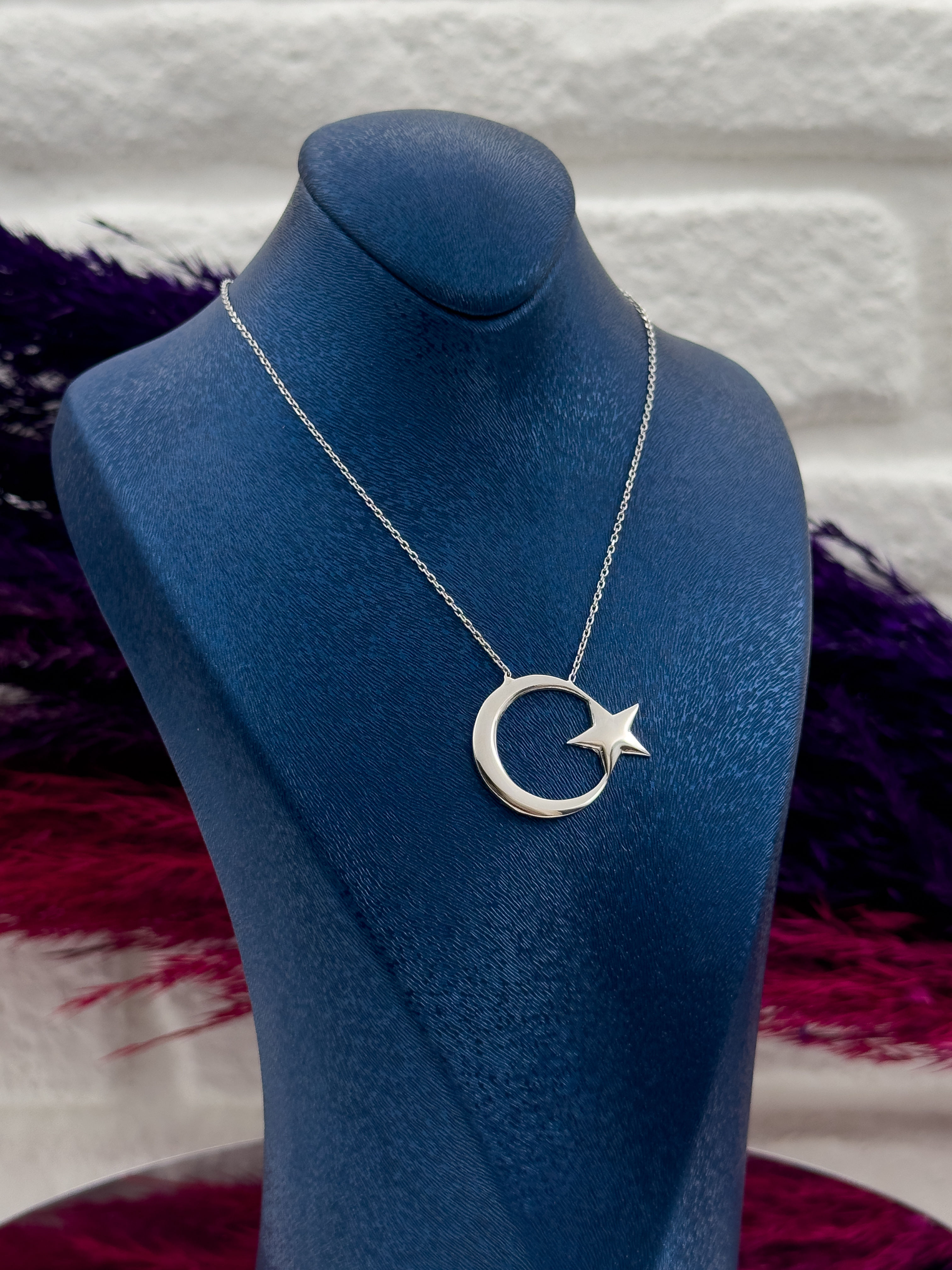 925 Ayar Gümüş Taşsız Tasarım Ayyıldız Modeli Trend Kadın Kolye