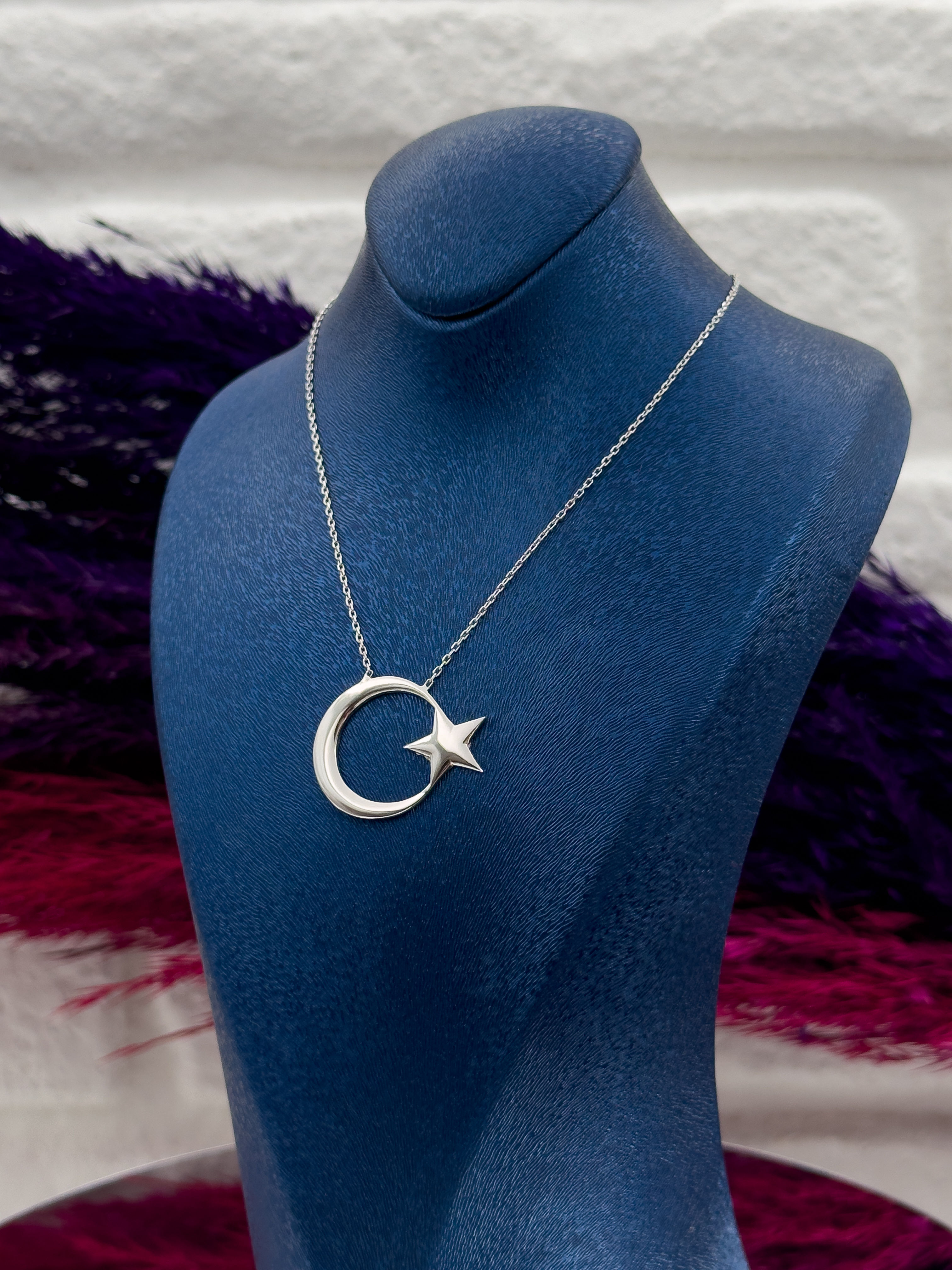 925 Ayar Gümüş Taşsız Tasarım Ayyıldız Modeli Trend Kadın Kolye