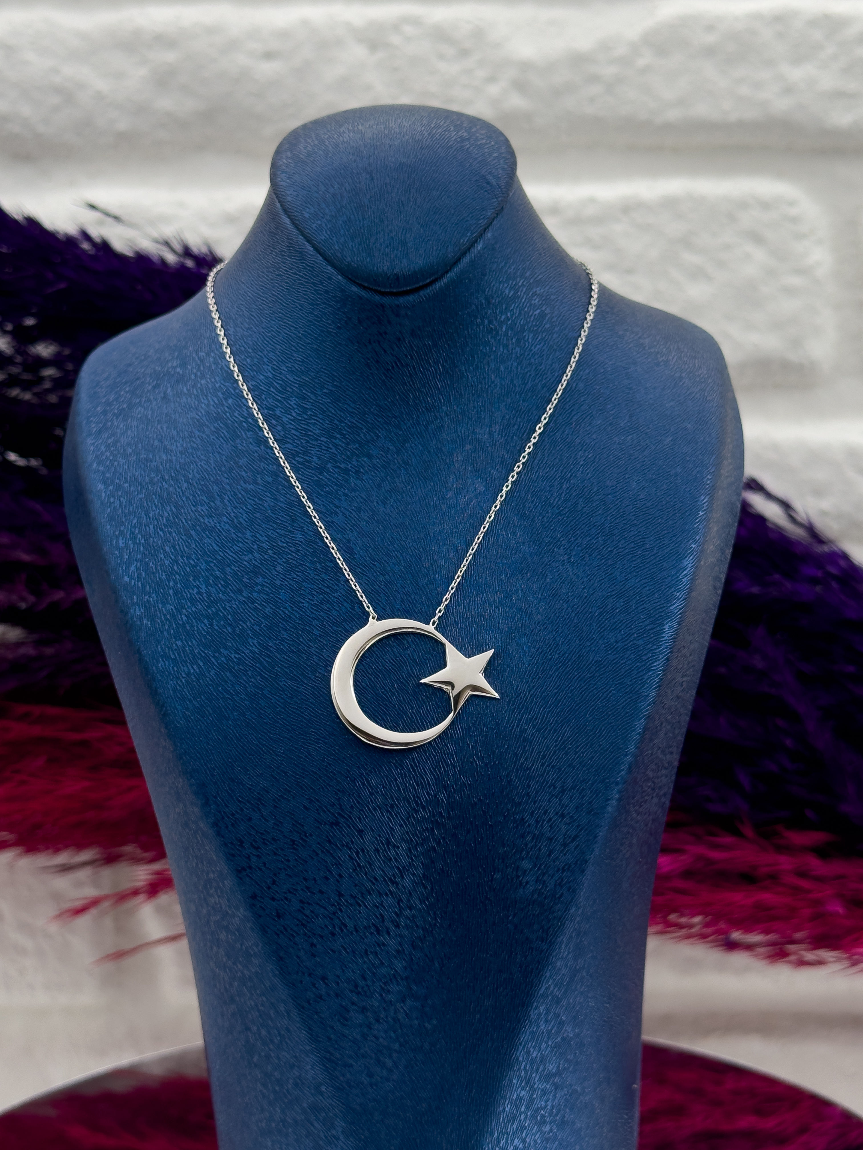 925 Ayar Gümüş Taşsız Tasarım Ayyıldız Modeli Trend Kadın Kolye