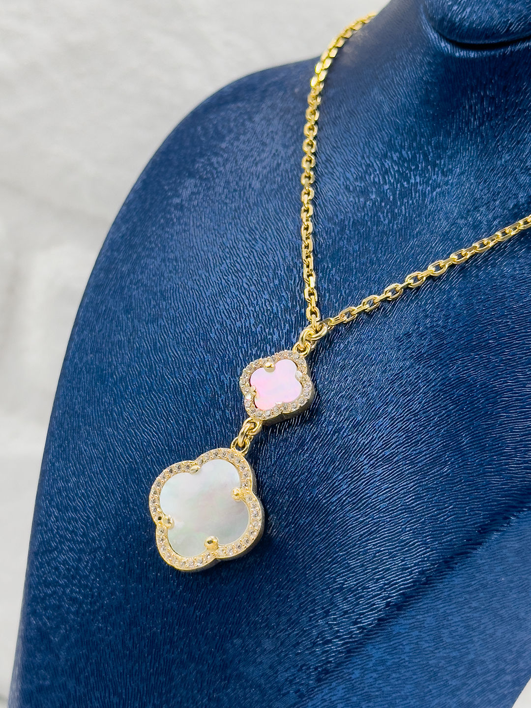 Gold Renk 2'li Sedef Taşlı Yonca Kadın Gümüş Kolye