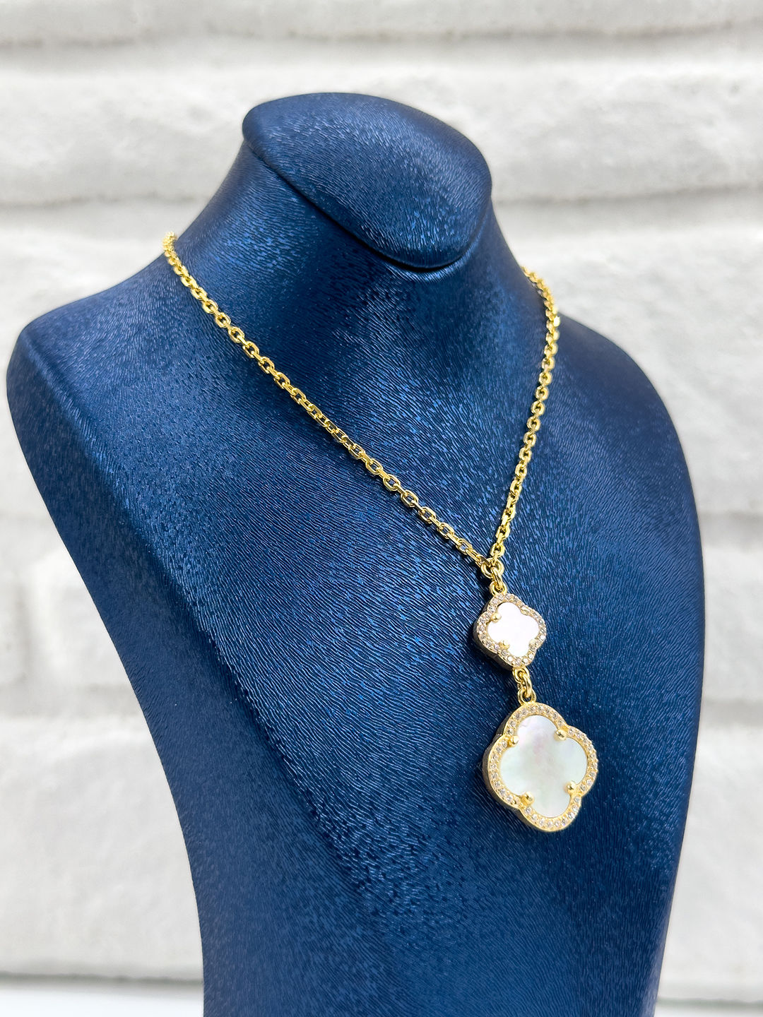 Gold Renk 2'li Sedef Taşlı Yonca Kadın Gümüş Kolye