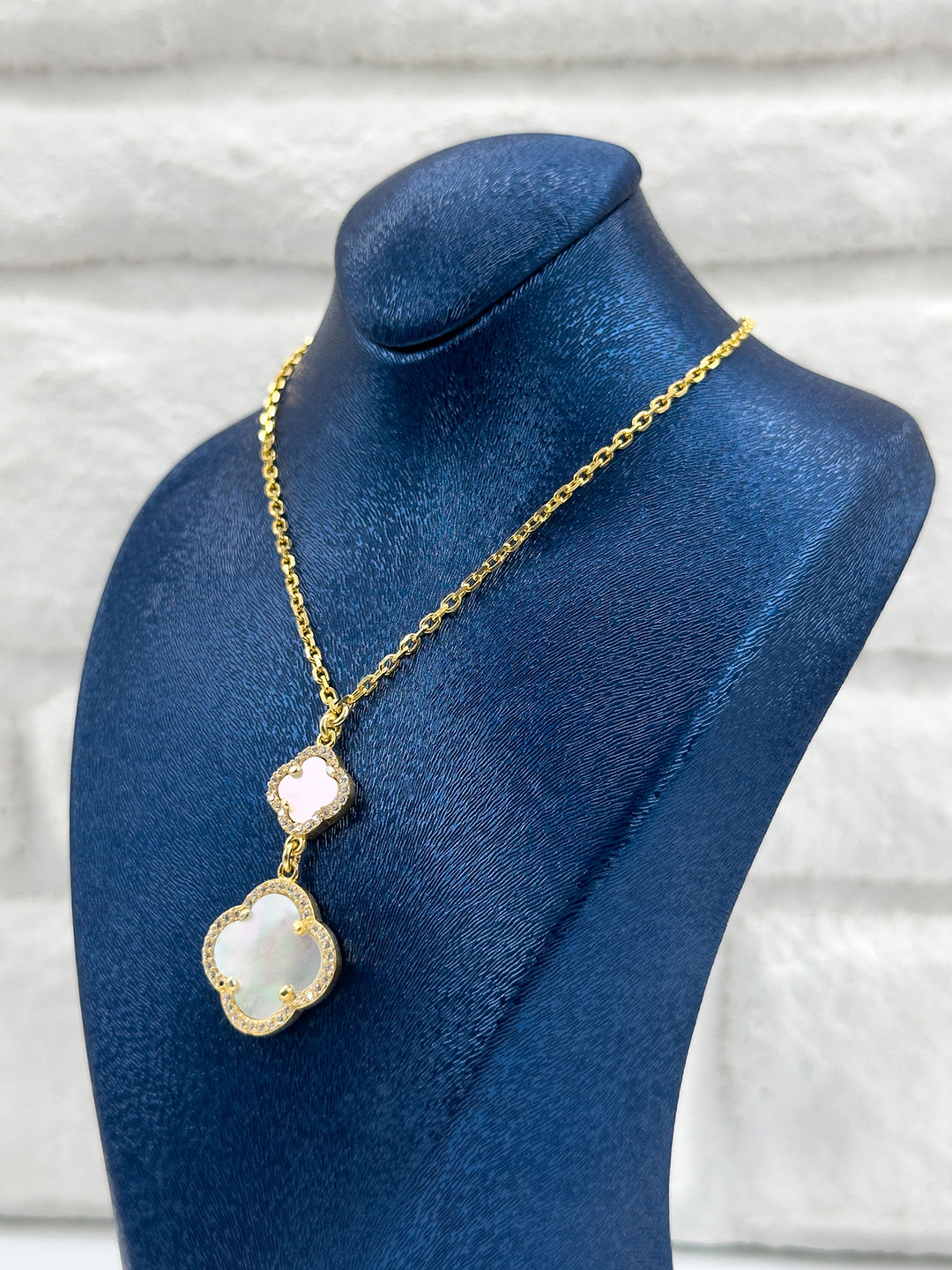 Gold Renk 2'li Sedef Taşlı Yonca Kadın Gümüş Kolye