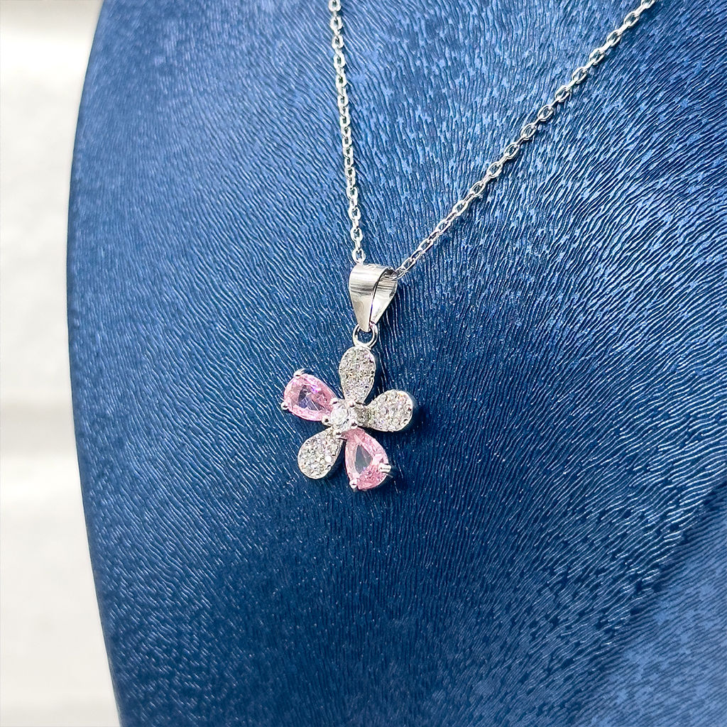 Pembe Kuvars Çiçek Gümüş Kolye