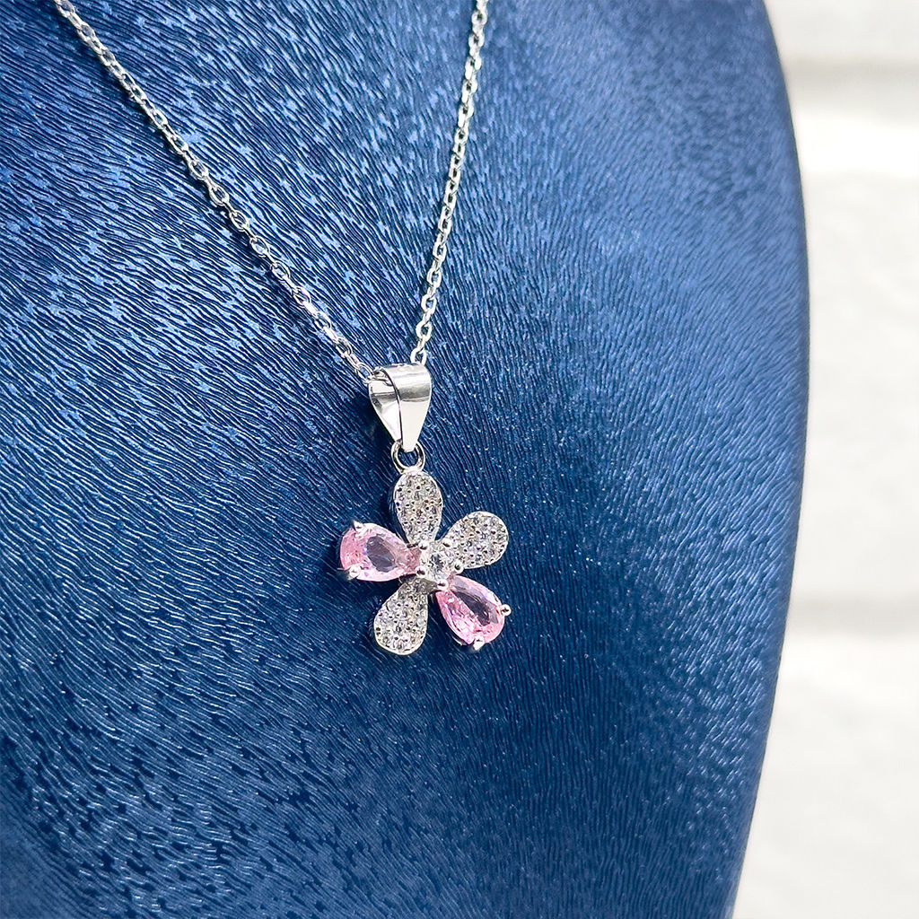 Pembe Kuvars Çiçek Gümüş Kolye
