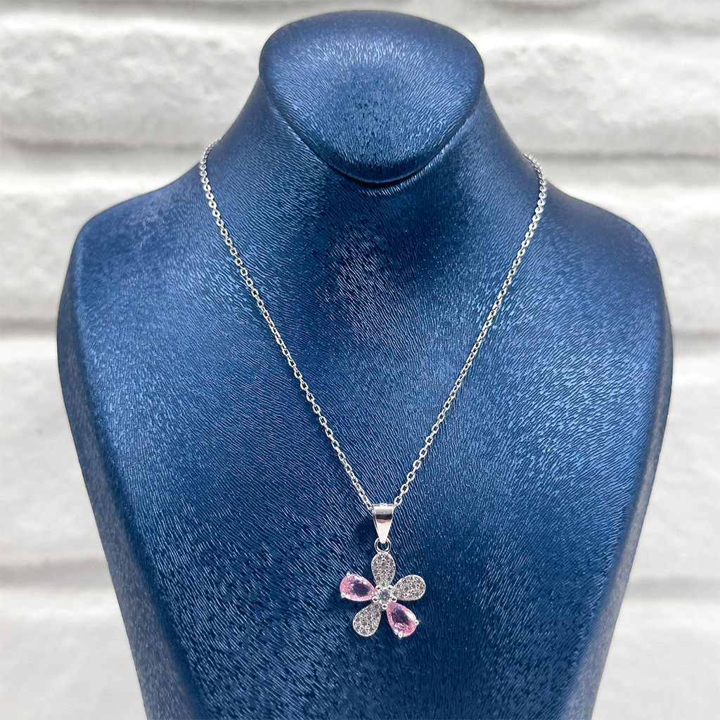 Pembe Kuvars Çiçek Gümüş Kolye