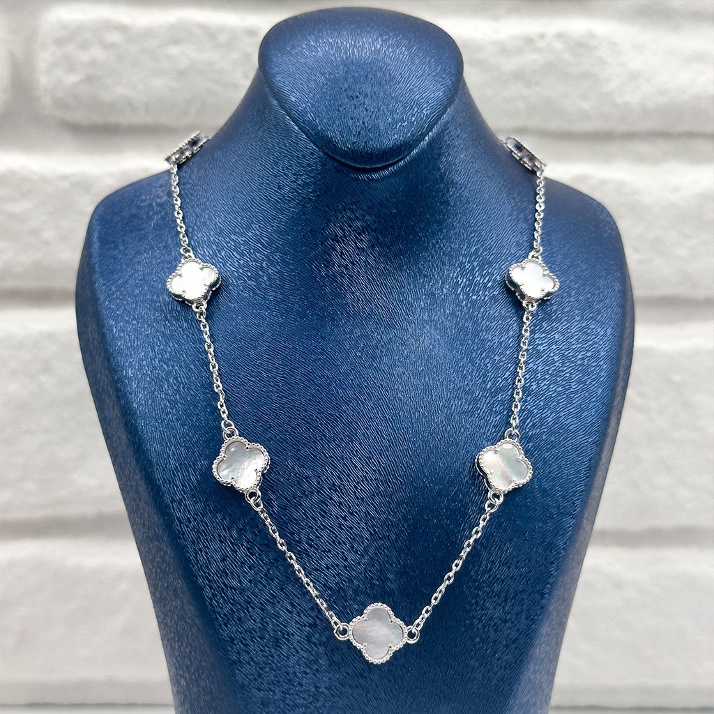 Sıralı Sedef Taşlı Yonca Gümüş Kolye