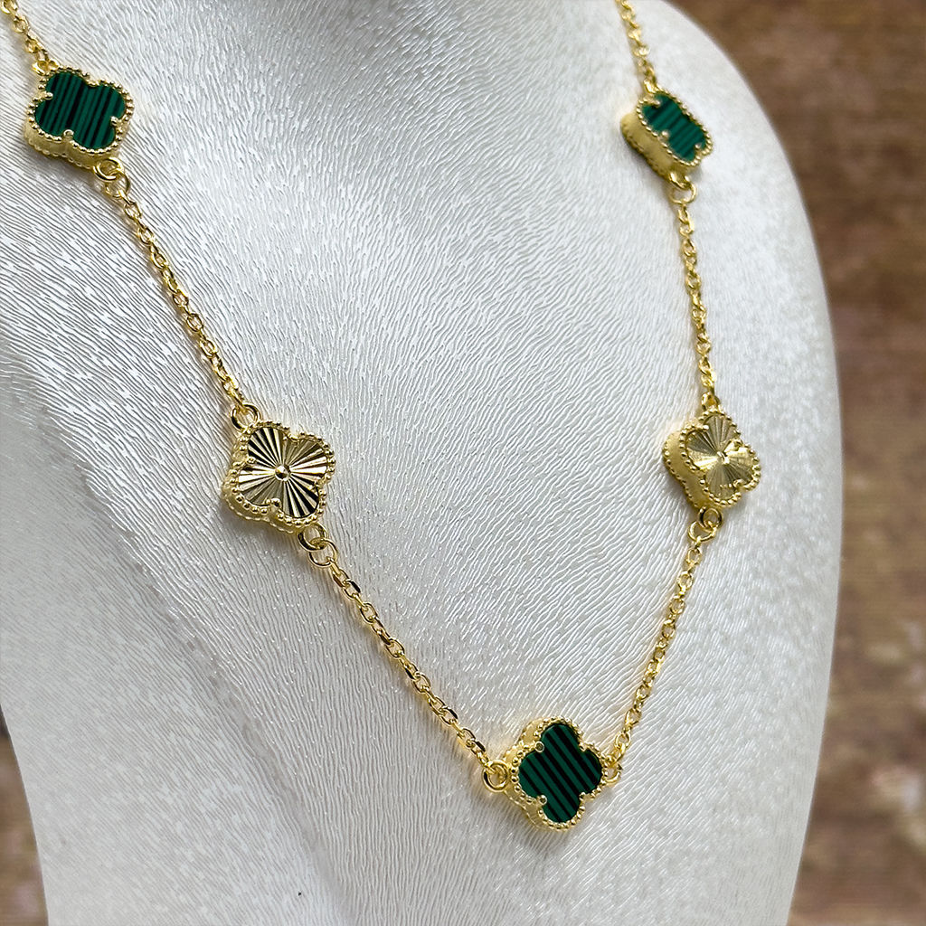 925 Ayar Gümüş Malakit Taşlı Yonca Modeli Lüks Kadın Kolye