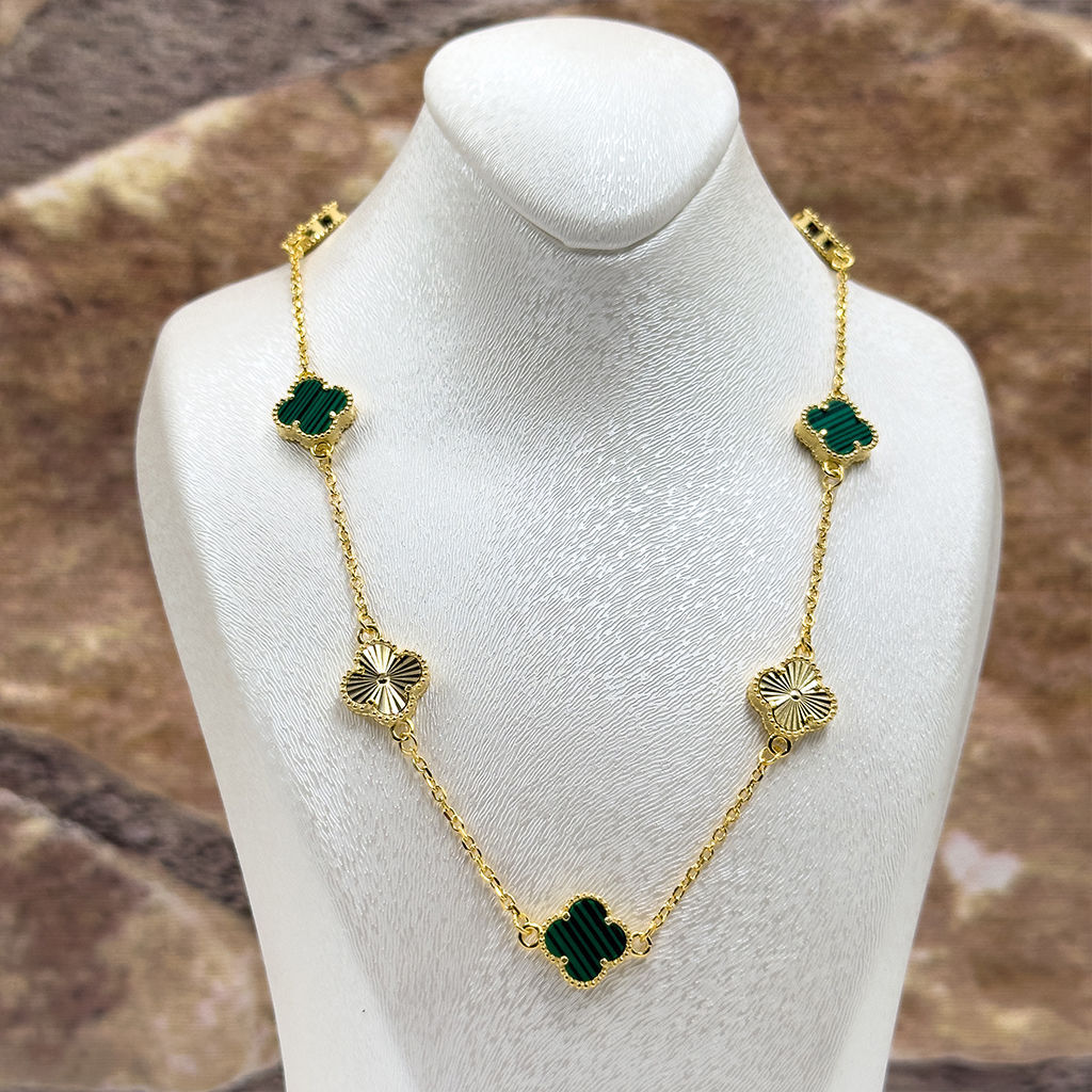 925 Ayar Gümüş Malakit Taşlı Yonca Modeli Lüks Kadın Kolye