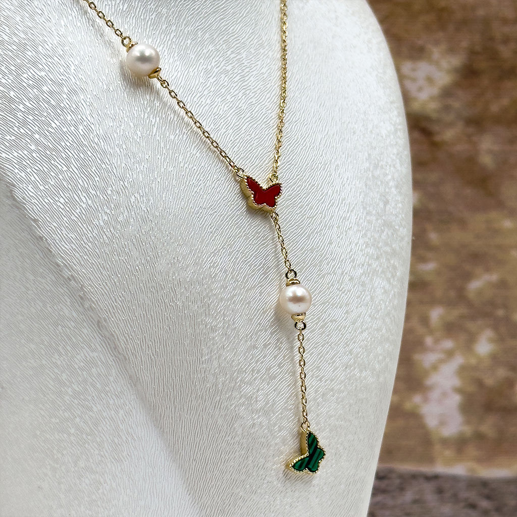 İncili Özel Seri Kelebek Mineli Gümüş Kolye