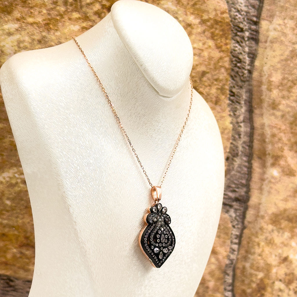 Rose Renk Elmas Montür Özel Tasarım Gümüş Kolye