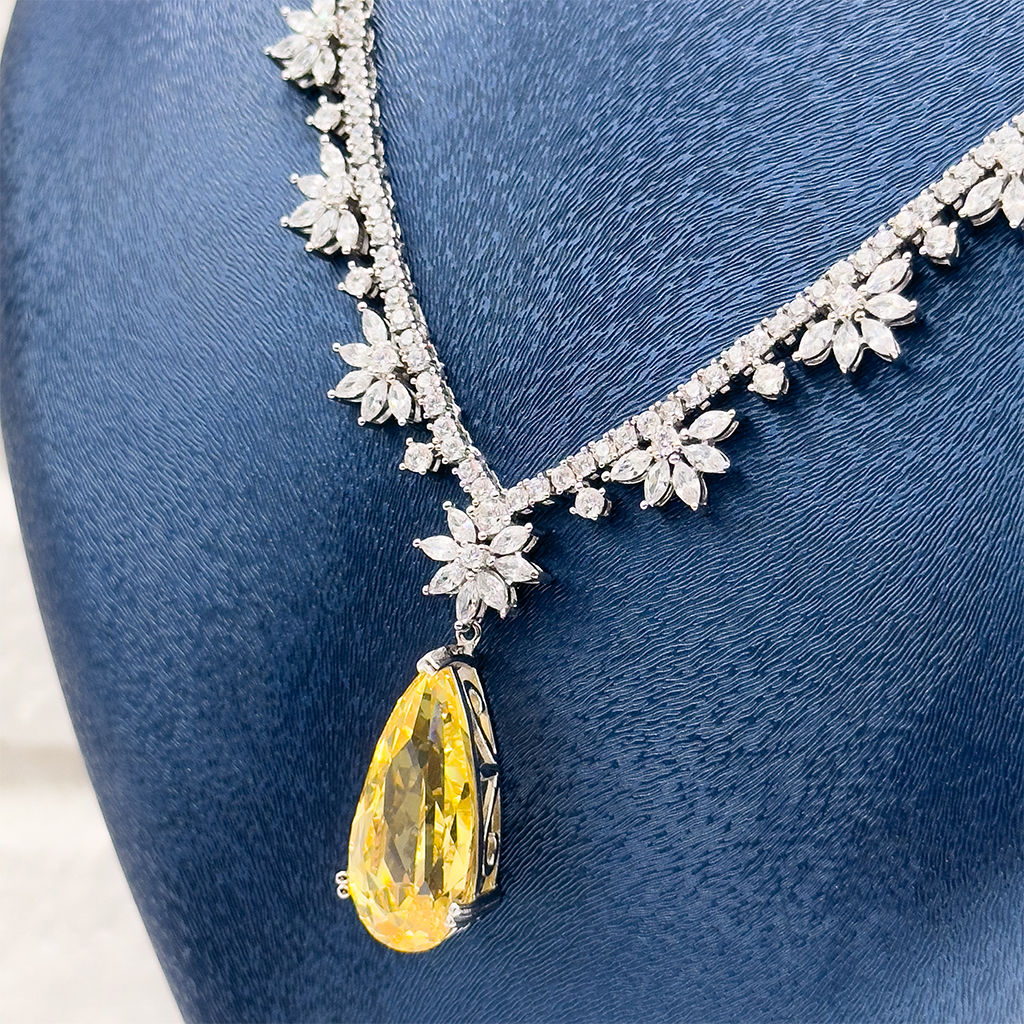 Pırlanta Montür Damla Sitrin Taşlı Gümüş Gerdanlık