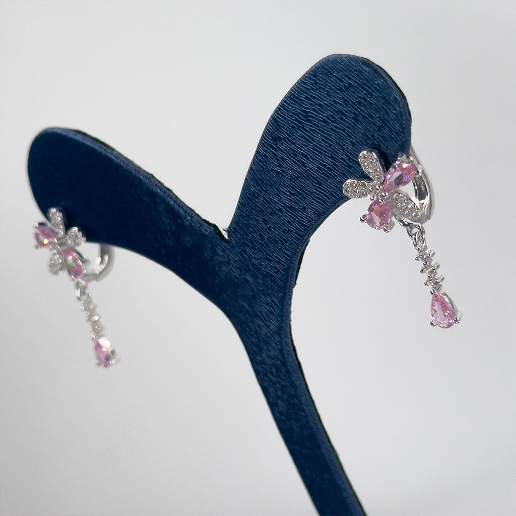 Pembe Kuvars Çiçek & Damla Gümüş Küpe