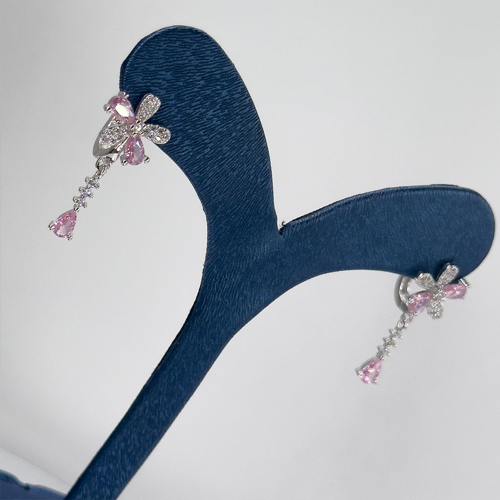 Pembe Kuvars Çiçek & Damla Gümüş Küpe