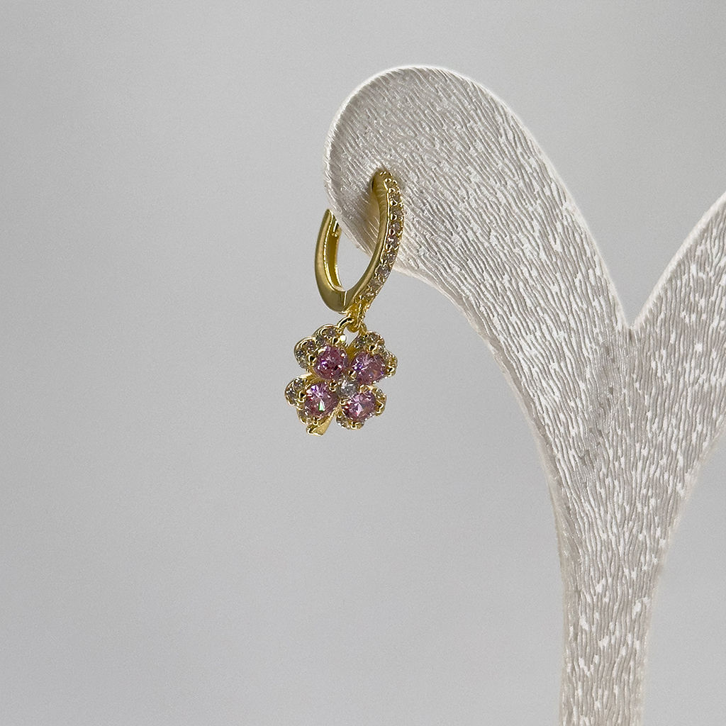 Gold Renk Pembe Kuvars Yonca Gümüş Küpe