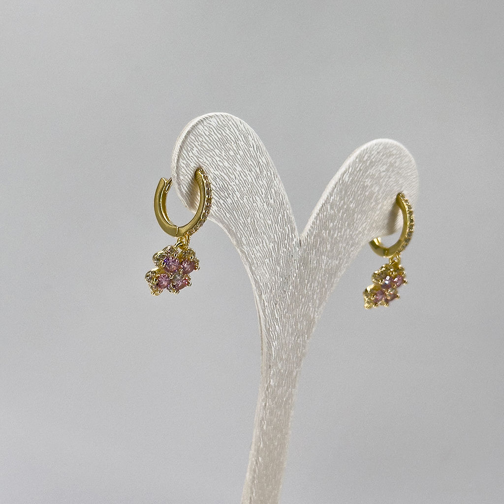 Gold Renk Pembe Kuvars Yonca Gümüş Küpe