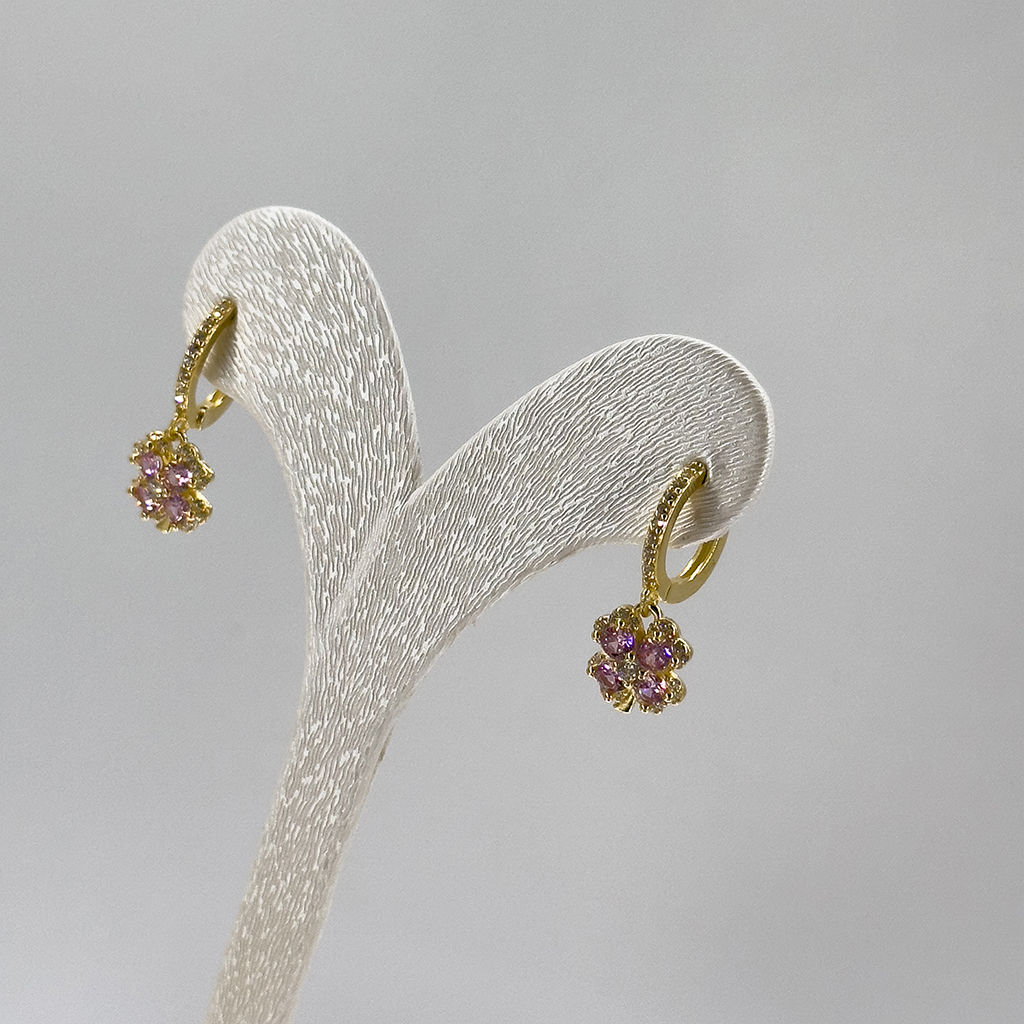 Gold Renk Pembe Kuvars Yonca Gümüş Küpe