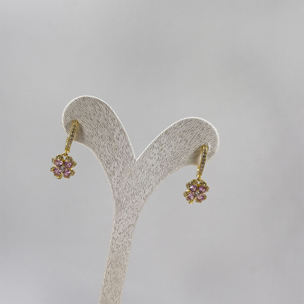 Gold Renk Pembe Kuvars Yonca Gümüş Küpe