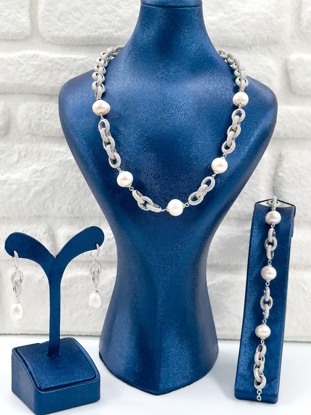 Özel Tasarım İncili 3'lü Kadın Gümüş Set - Kolye Seti