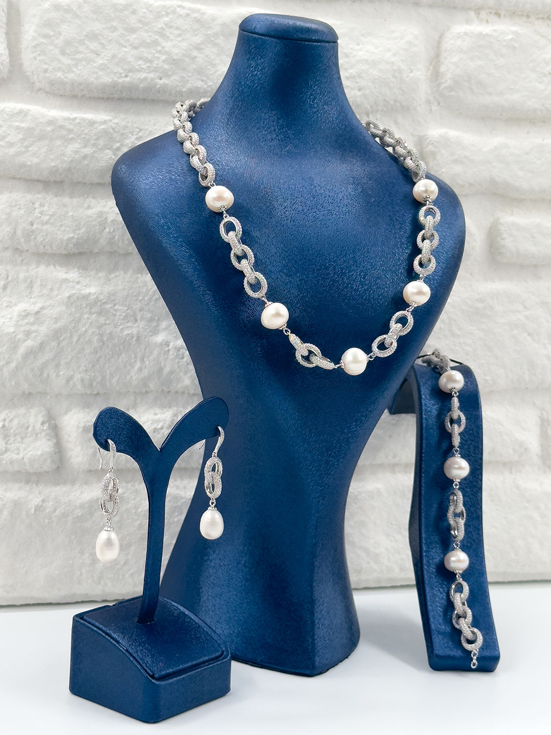 Özel Tasarım İncili 3'lü Kadın Gümüş Set - Kolye Seti