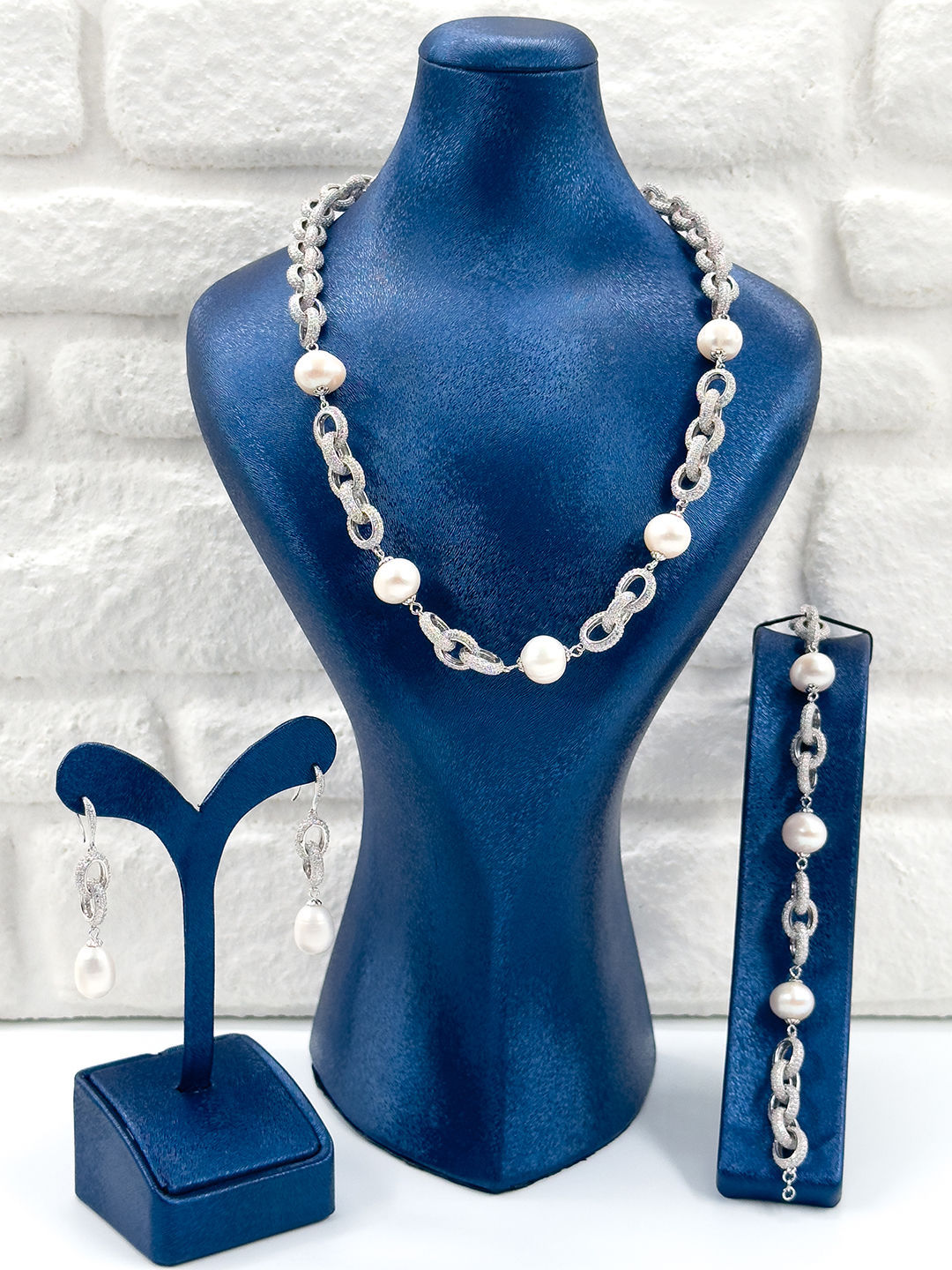 Özel Tasarım İncili 3'lü Kadın Gümüş Set - Kolye Seti