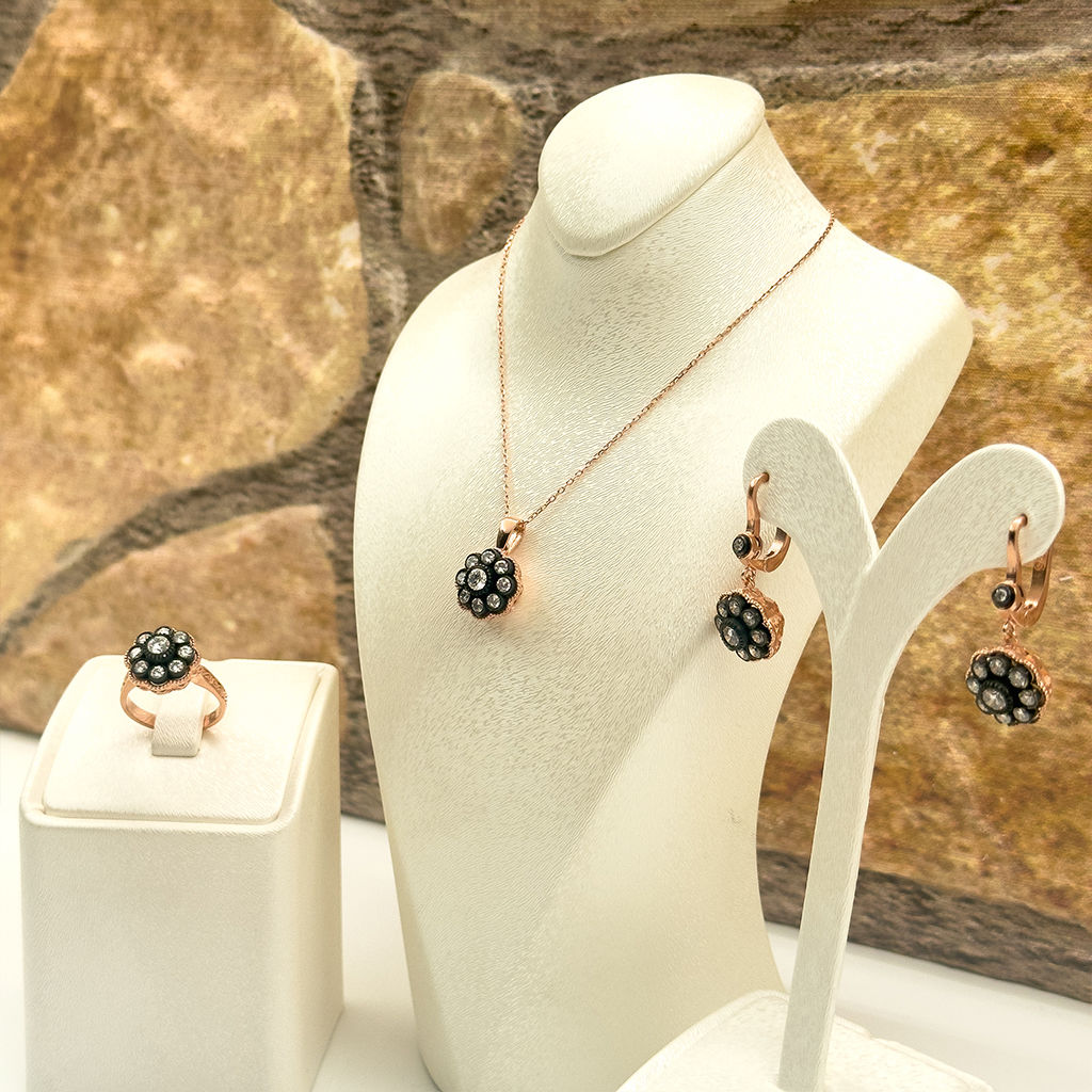 Elmas Montür Rosegold Gül Model Gümüş Set Takım