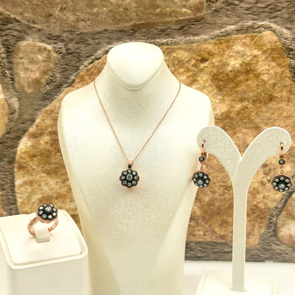 Elmas Montür Rosegold Gül Model Gümüş Set Takım