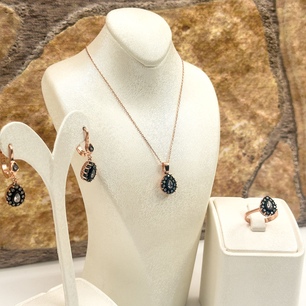 Elmas Montür Rosegold Damla Gümüş Set Takım