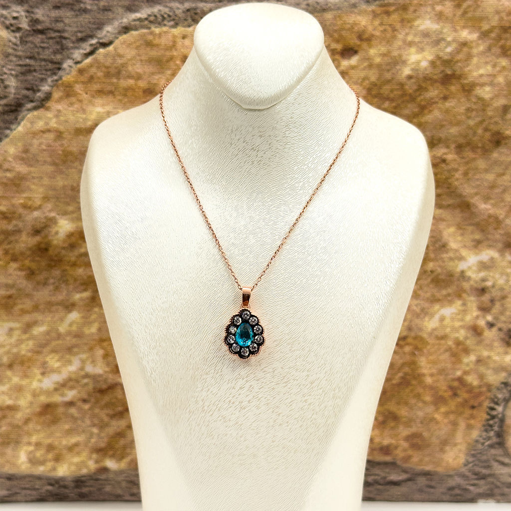 Elmas Montür Rosegold Aquamarin Gümüş Set Takım