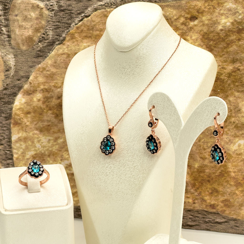 Elmas Montür Rosegold Aquamarin Gümüş Set Takım