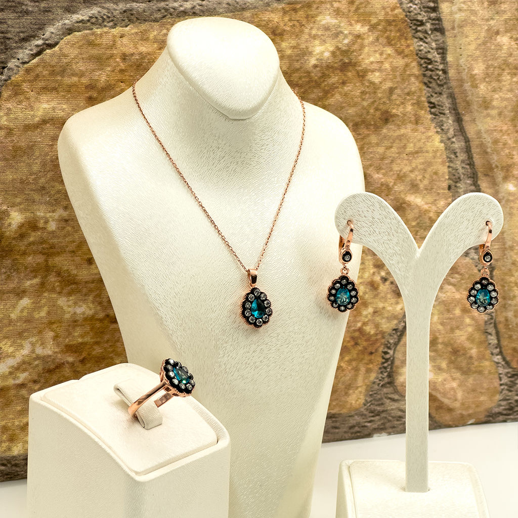 Elmas Montür Rosegold Aquamarin Gümüş Set Takım