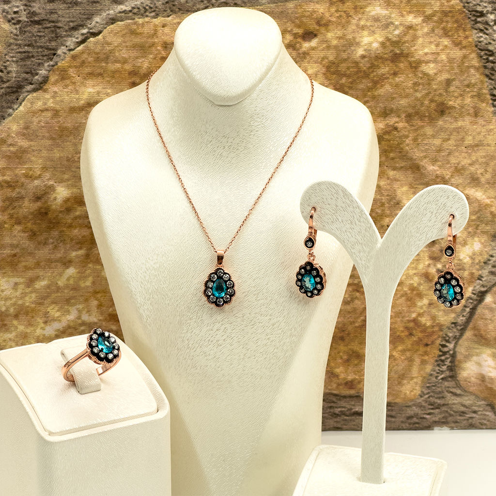 Elmas Montür Rosegold Aquamarin Gümüş Set Takım