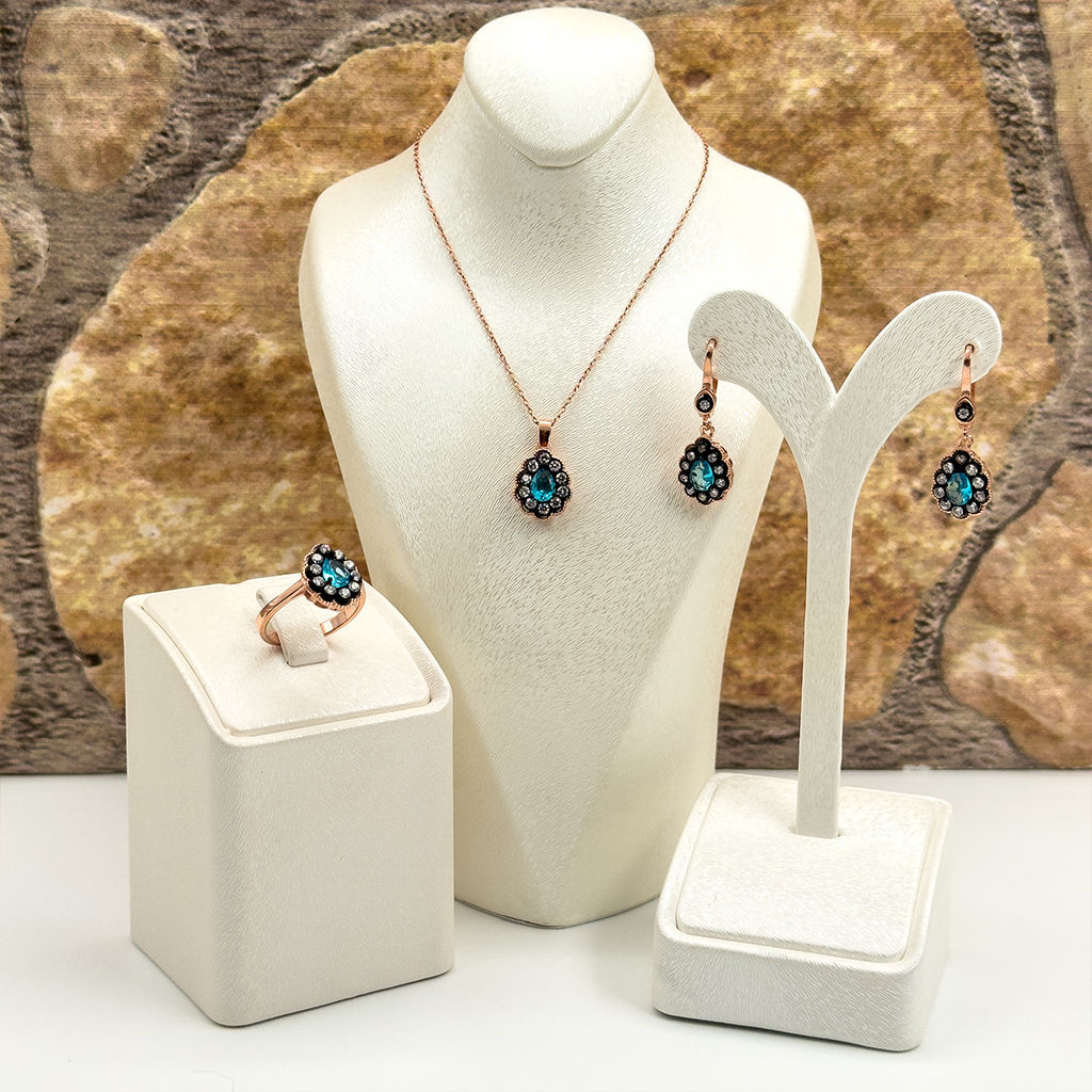 Elmas Montür Rosegold Aquamarin Gümüş Set Takım