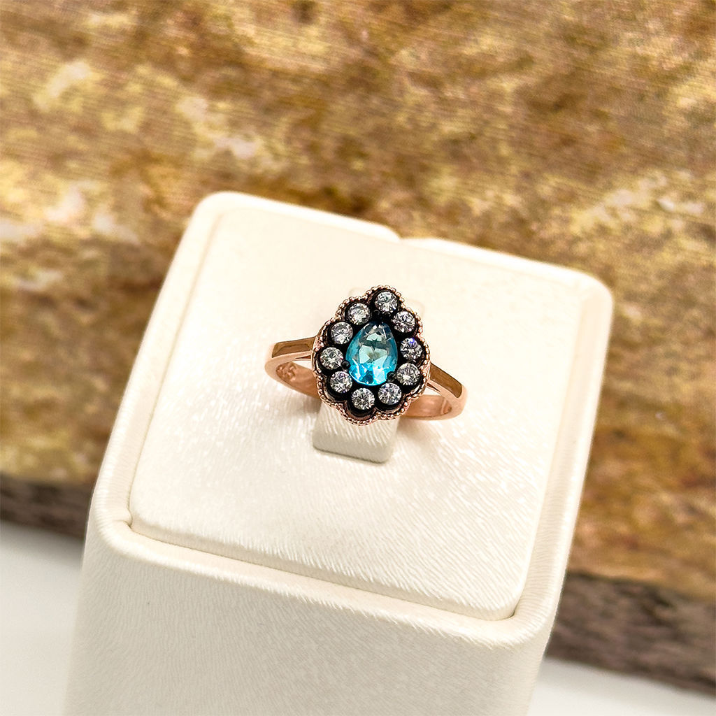 Elmas Montür Rosegold Aquamarin Gümüş Set Takım