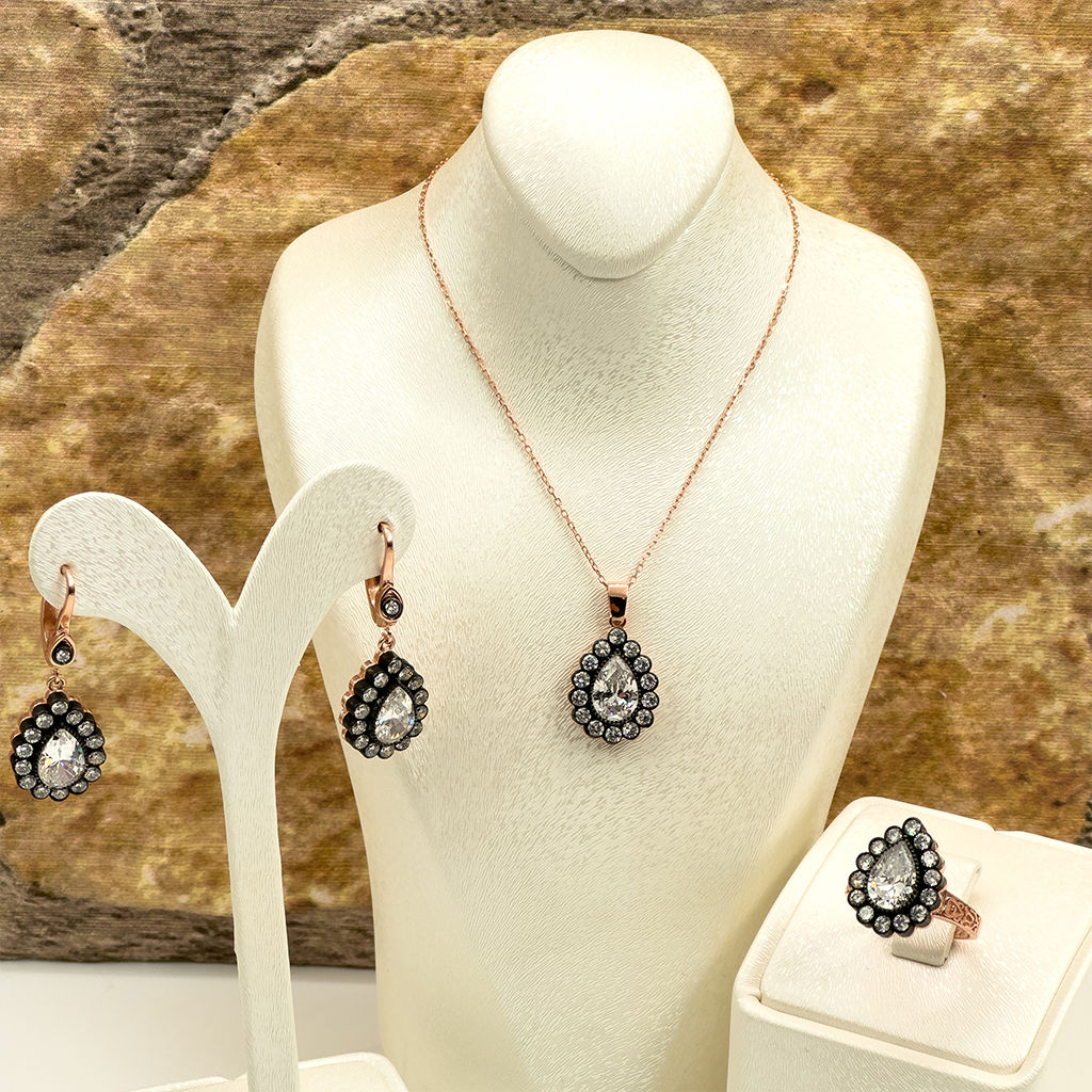 Elmas Montür Rosegold Damla Gümüş Set Takım - LVRSET06