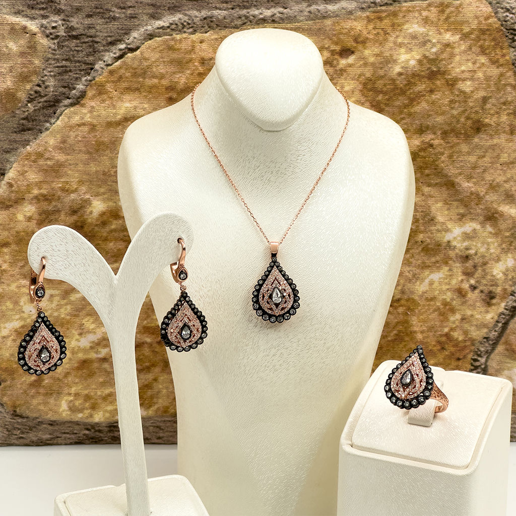 Elmas Montür Rosegold Damla Gümüş Set Takım - LVRSET08